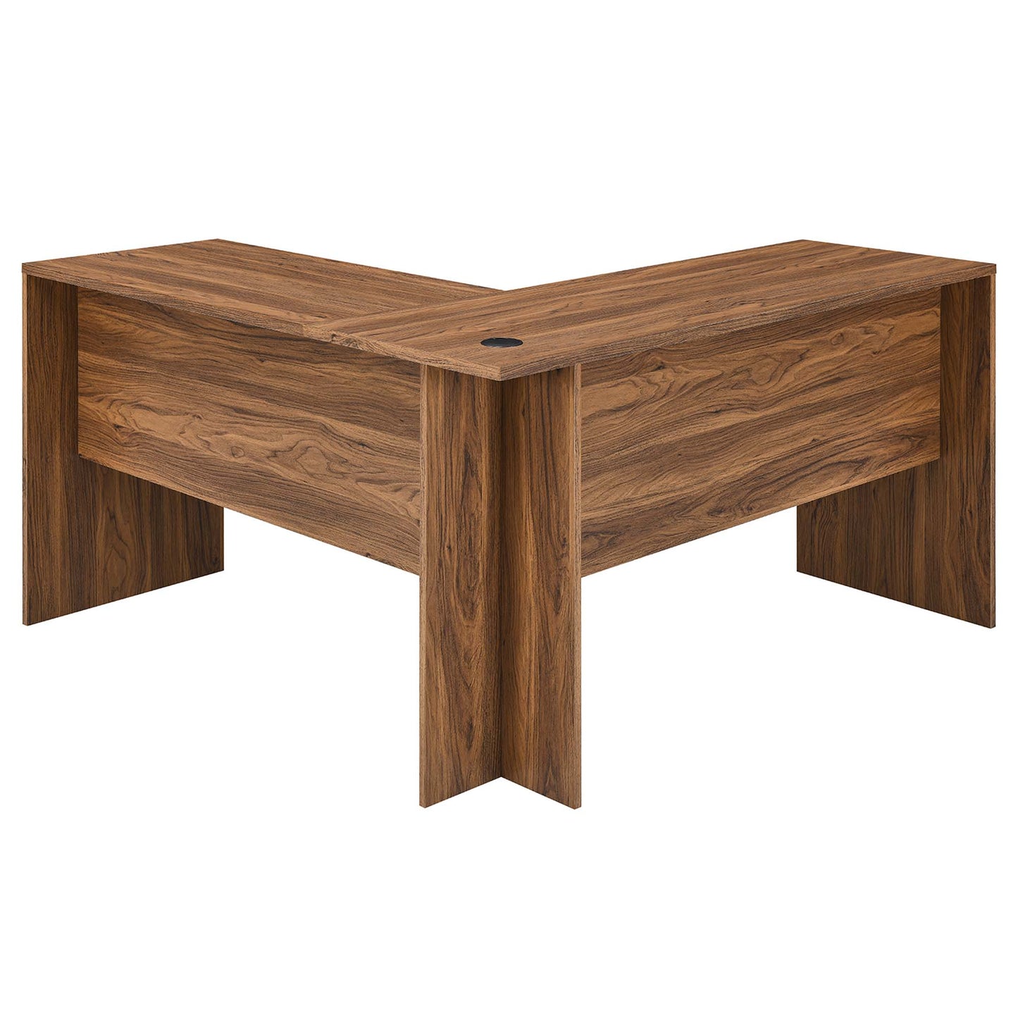 Walnut finish L-shaped desk with a filing cabinet, thick panel legs, and a cable grommet on the top.
