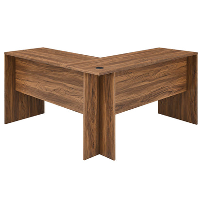 Walnut finish L-shaped desk with a filing cabinet, thick panel legs, and a cable grommet on the top.