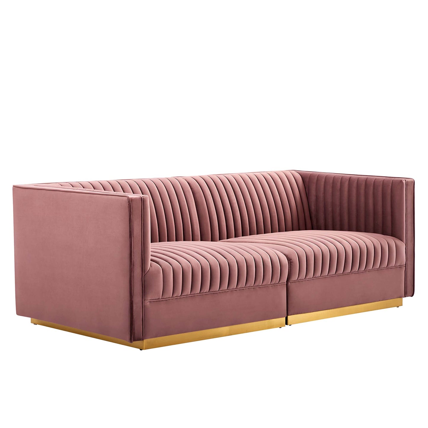 Dusty rose velvet sofa with vertical channel-tufted back and seat, straight arms, two-seat layout, gold metal base.