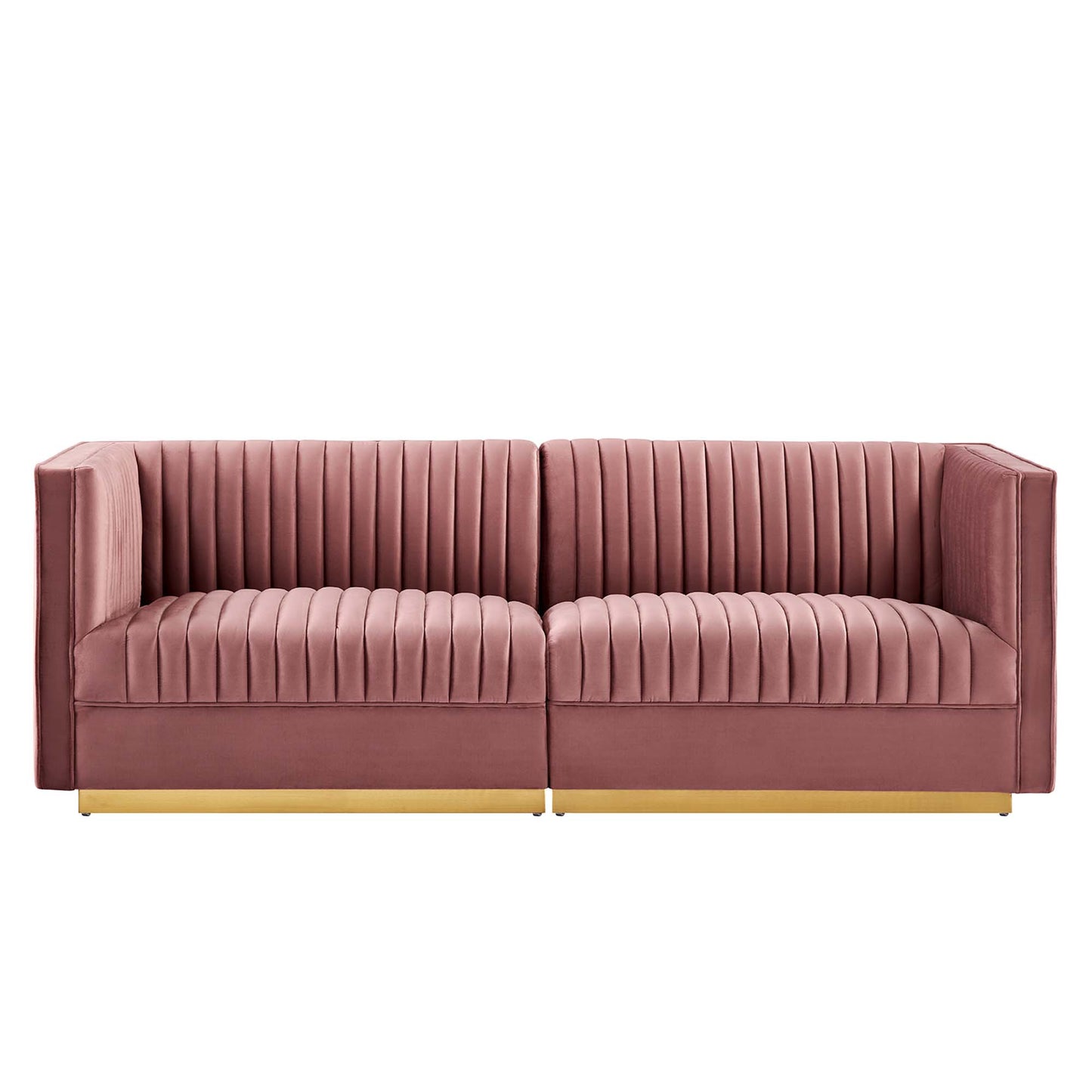 Dusty rose velvet sofa with vertical channel tufting, two-seat modular design, gold-tone wood base legs.