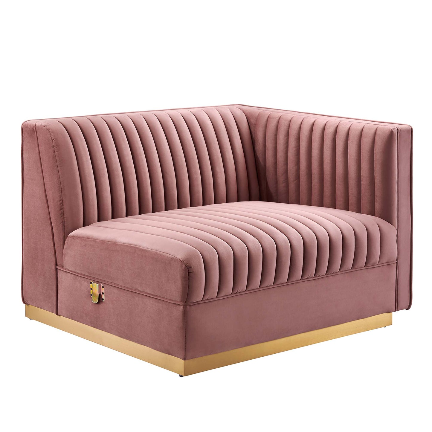 Red velvet tufted modular sectional sofa, L-shaped with vertical channel stitching.