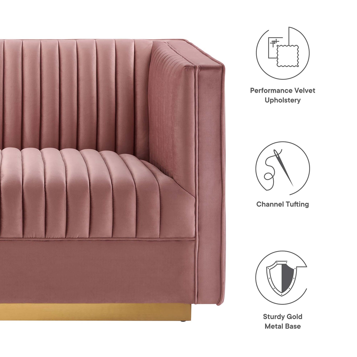 Red velvet modular sectional sofa with vertical channel tufting and a sturdy gold metal base, modern glam seating.