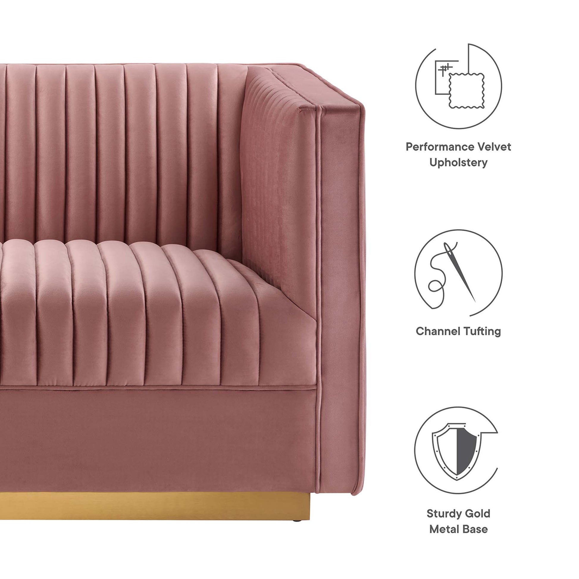 Red velvet modular sectional sofa with vertical channel tufting and a sturdy gold metal base, modern glam seating.