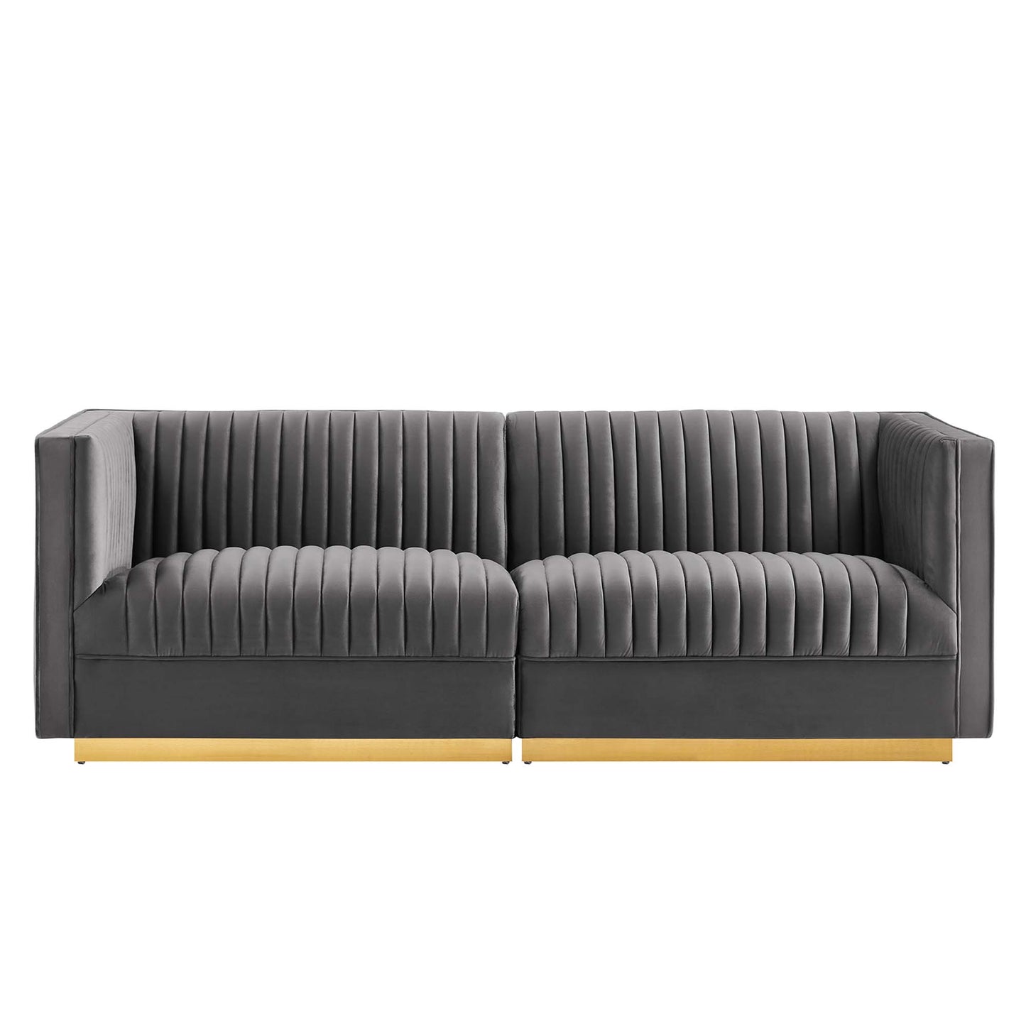 Gray velvet 2-seat sofa with vertical channel tufting, square arms and a light wood base.
