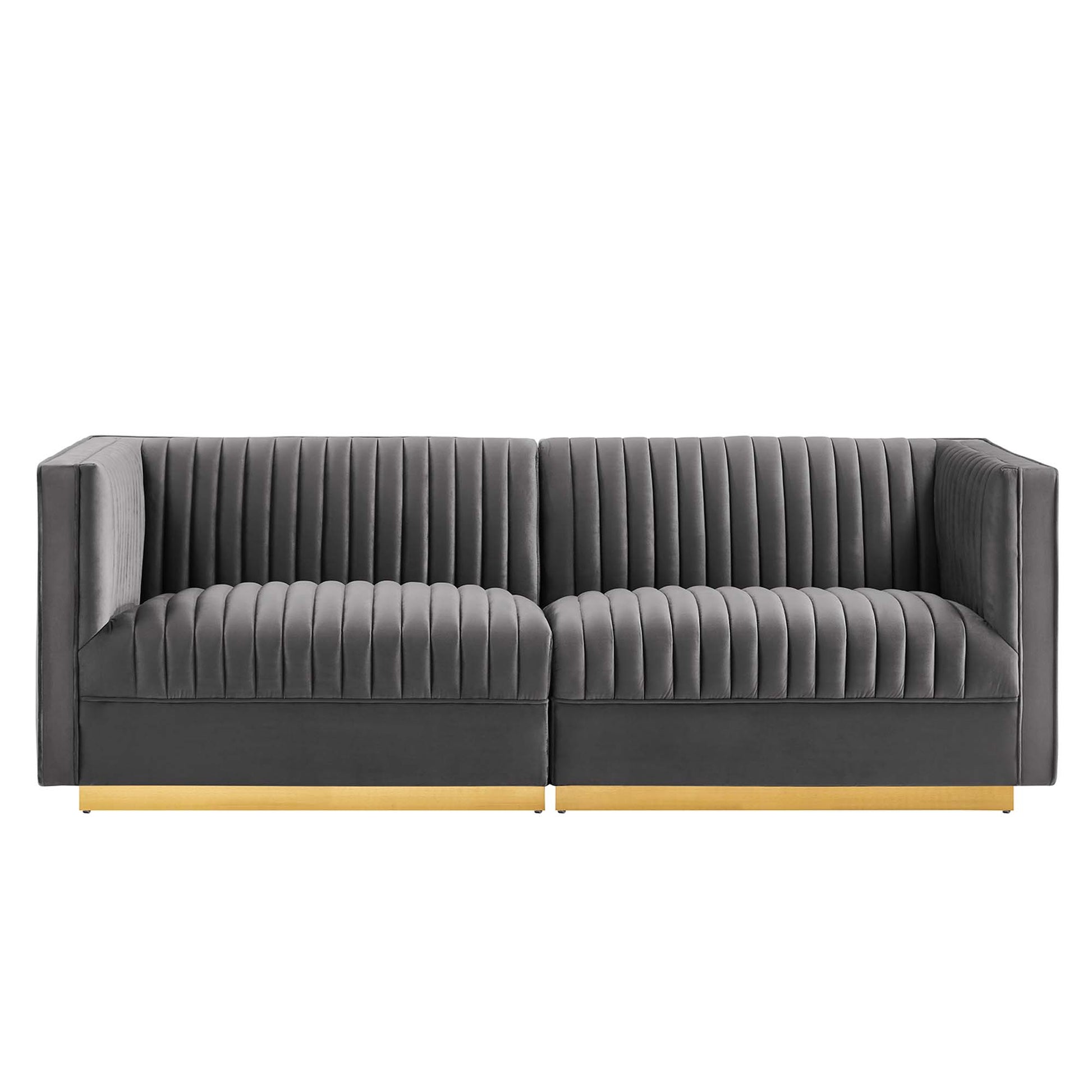 Gray velvet 2-seat sofa with vertical channel tufting, square arms and a light wood base.