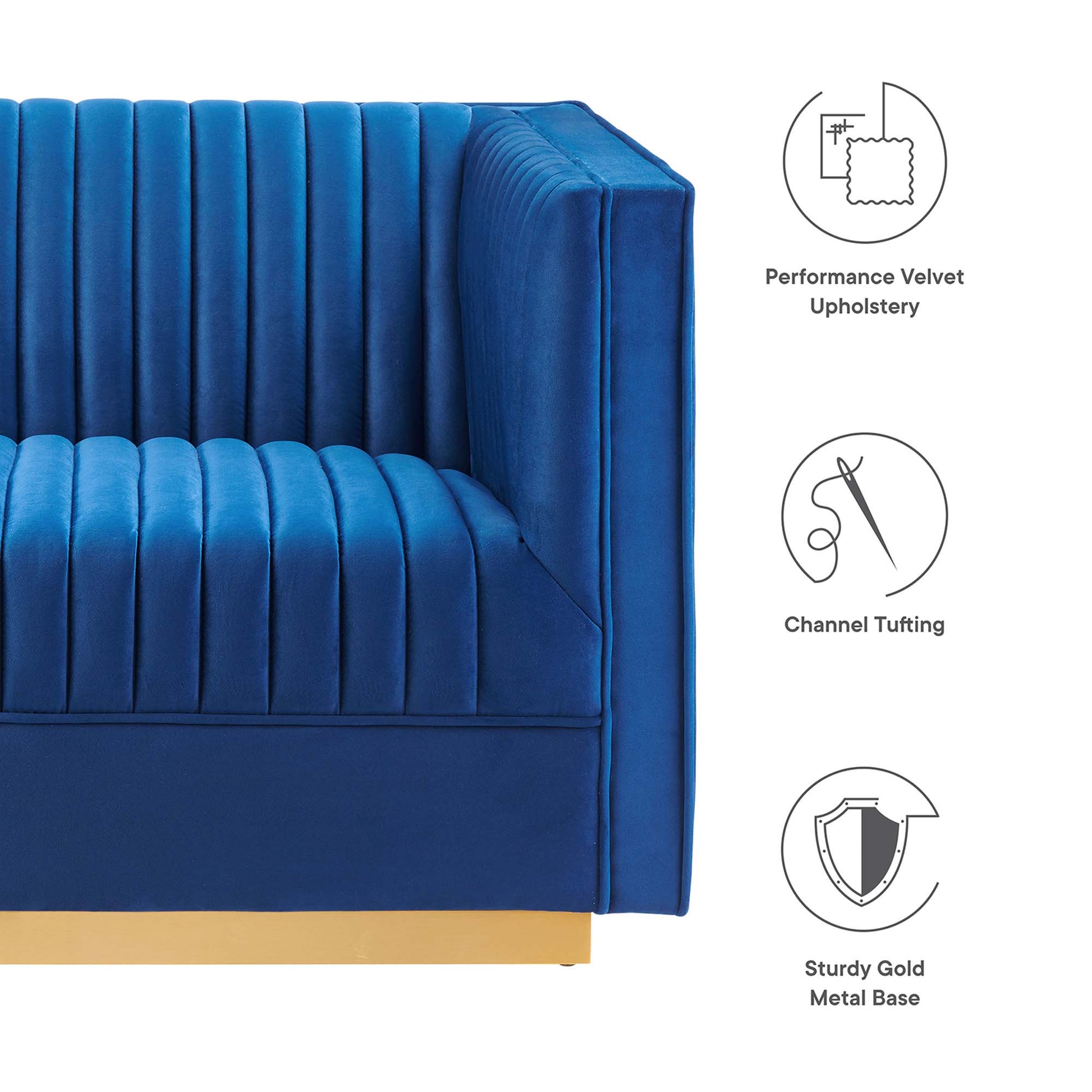 Navy velvet modular sectional sofa with square arms, vertical channel tufting, and a sturdy gold metal base.