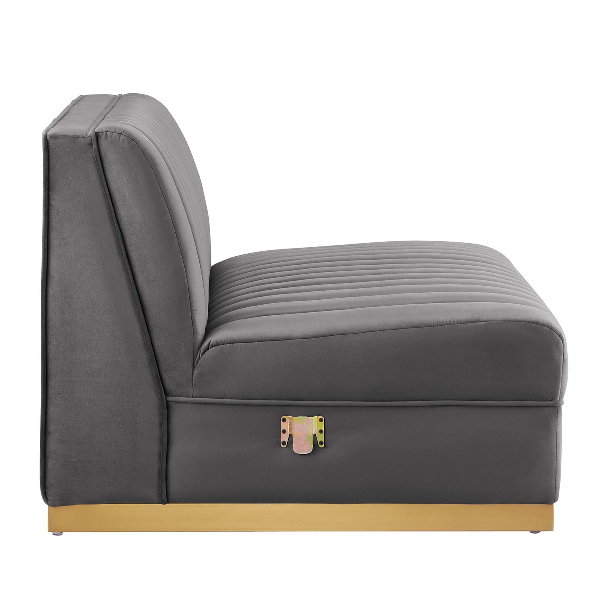 Gray velvet upholstered 3-seat modular sectional sofa with channel-tufted cushions
