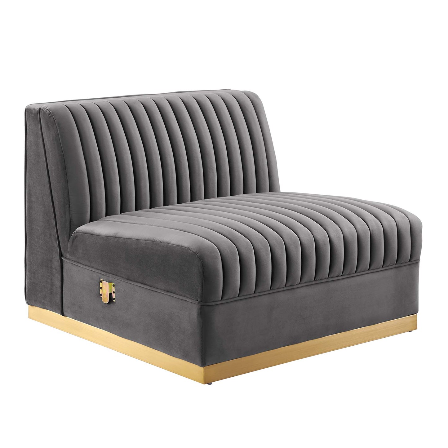 Gray velvet tufted modular sectional sofa with vertical channels, low back, light wood base.