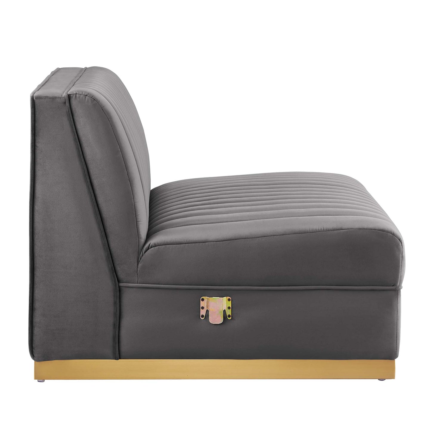 Gray 4-seat modular sectional sofa with channel-tufted velvet cushions.