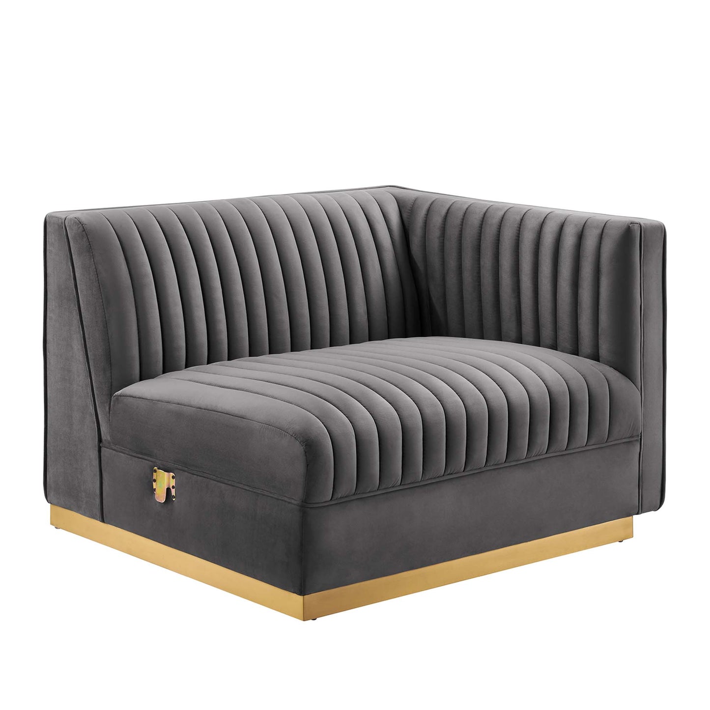 Gray velvet 4-seat modular sectional sofa with vertical channel tufting and a gold-finish base.
