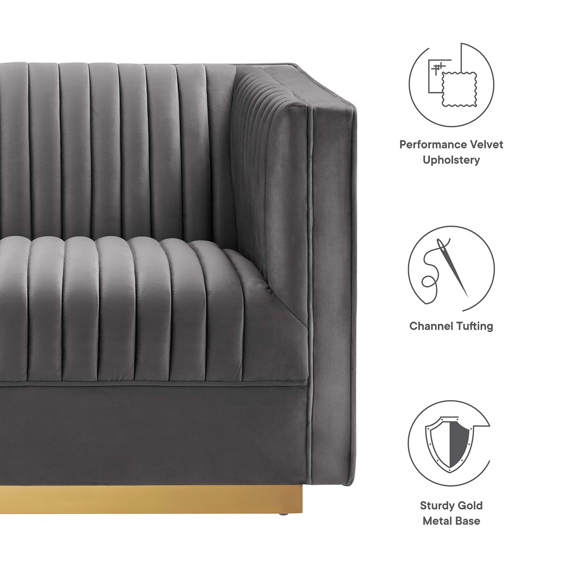 Grey performance velvet sofa with vertical channel tufting and a gold metal base.
