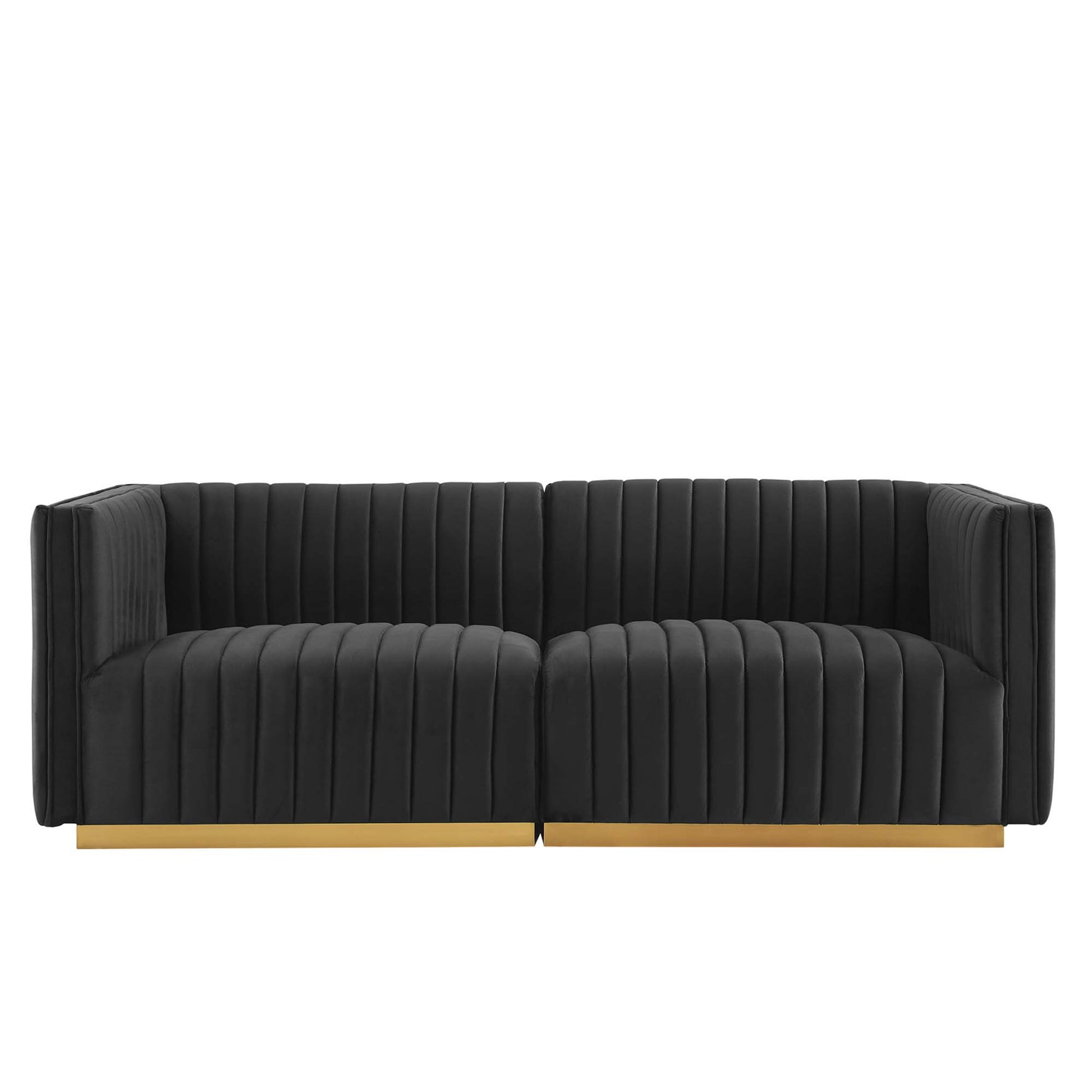 Black velvet loveseat with vertical channel tufting and a gold-tone base, two-seat.