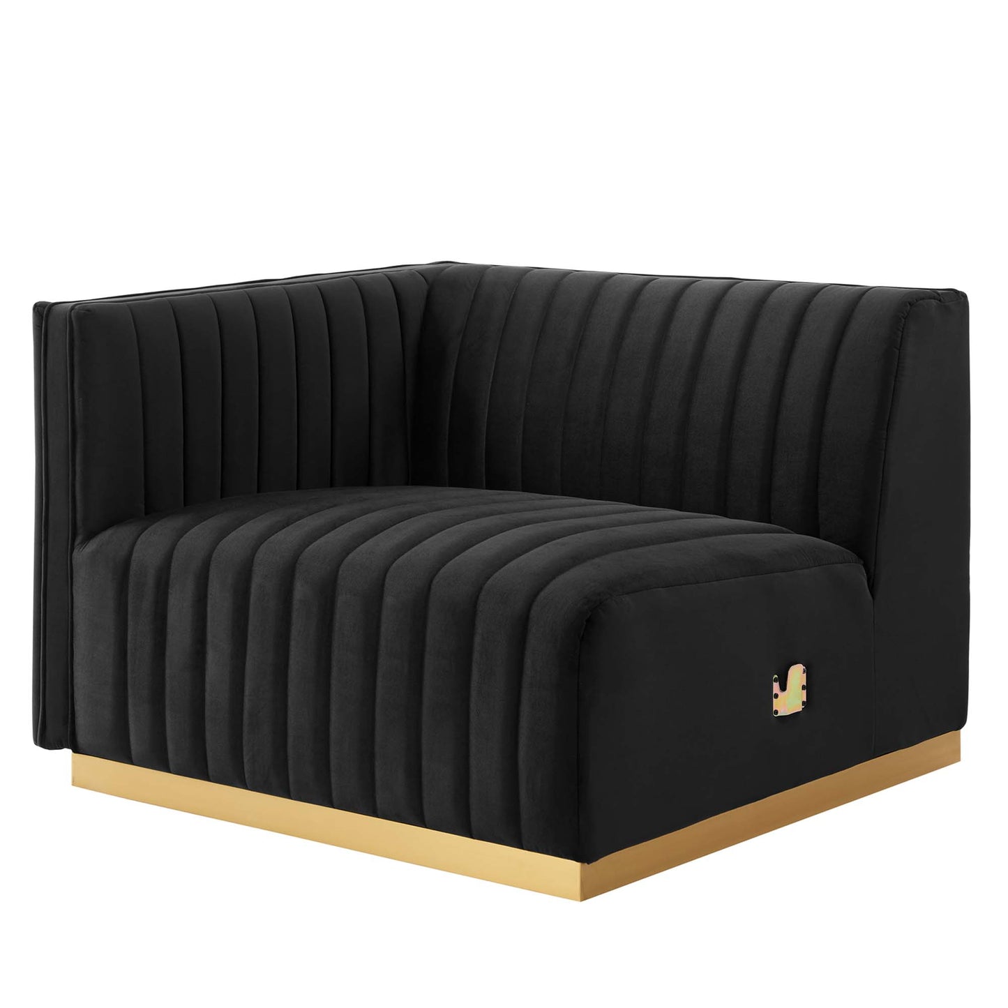 Black channel-tufted velvet loveseat with gold base trim.