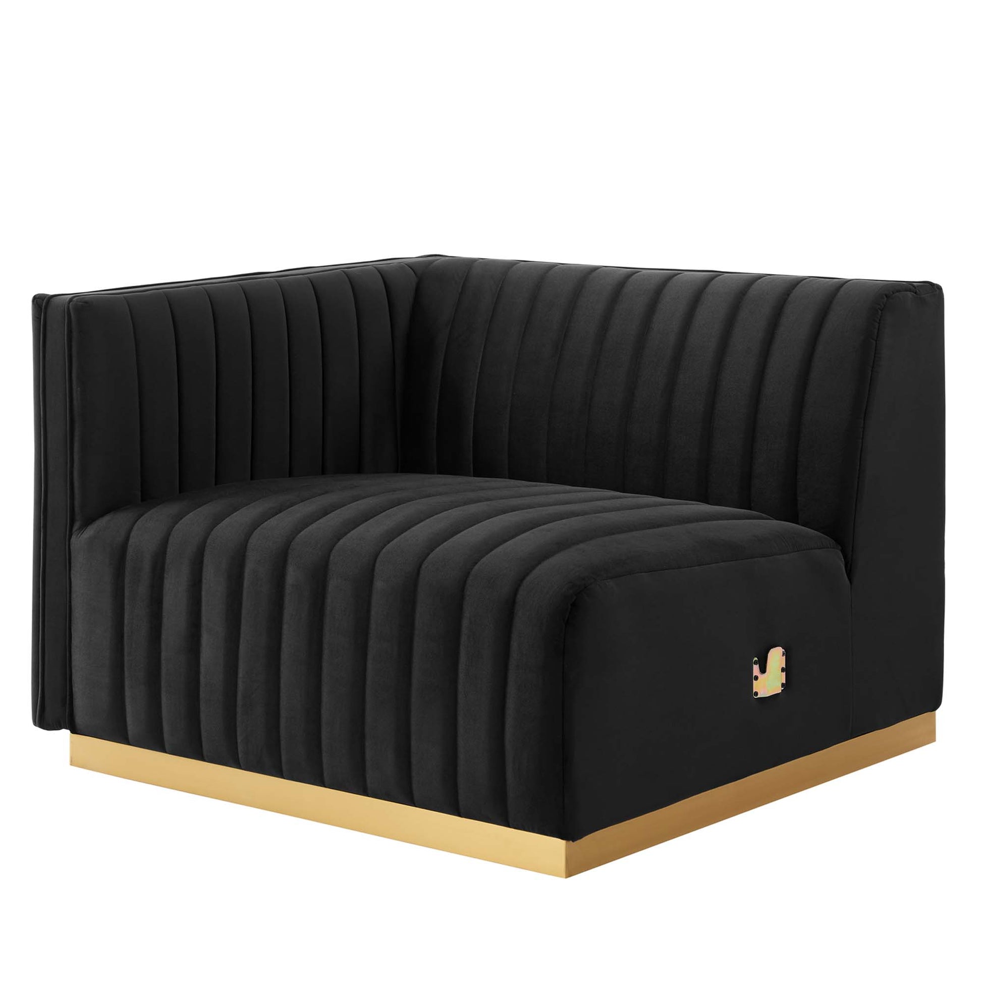 Black channel-tufted velvet loveseat with gold base trim.