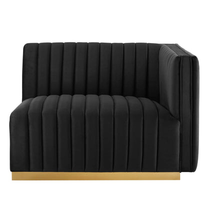 Black velvet channel-tufted loveseat with slim gold metal base.