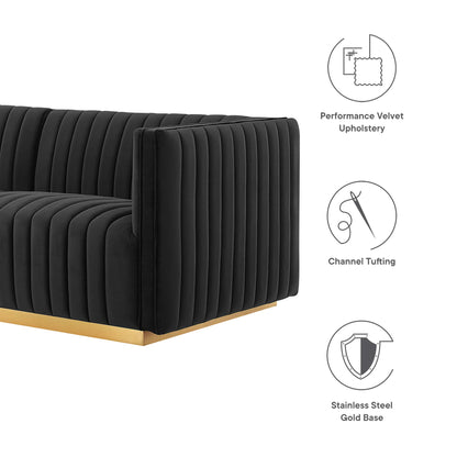 Black velvet channel-tufted loveseat with a gold metal base.