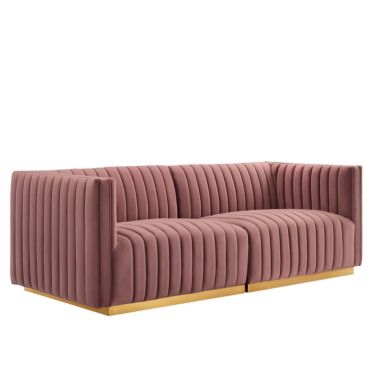 Pink velvet loveseat with vertical channel tufting, square arms, low profile, gold metal base.