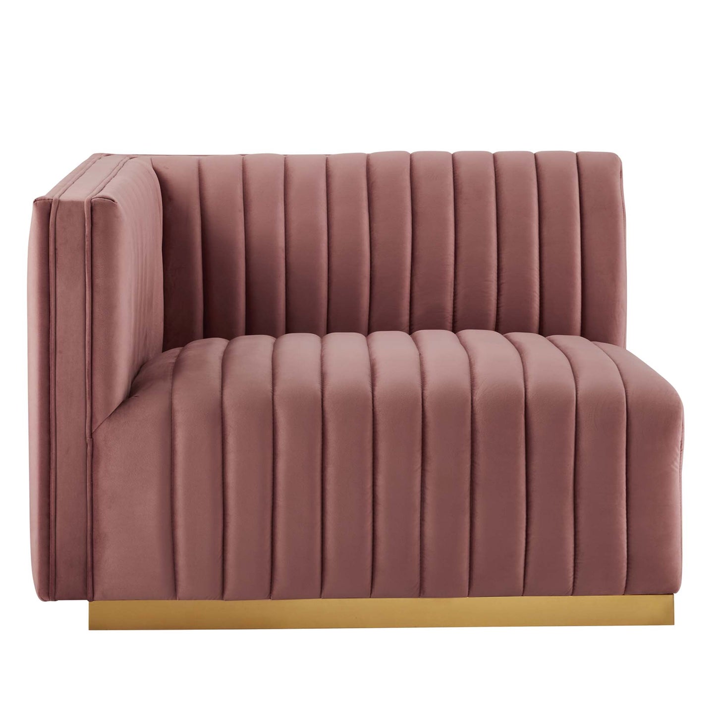 Dusty rose velvet channel-tufted loveseat with a gold metal base.