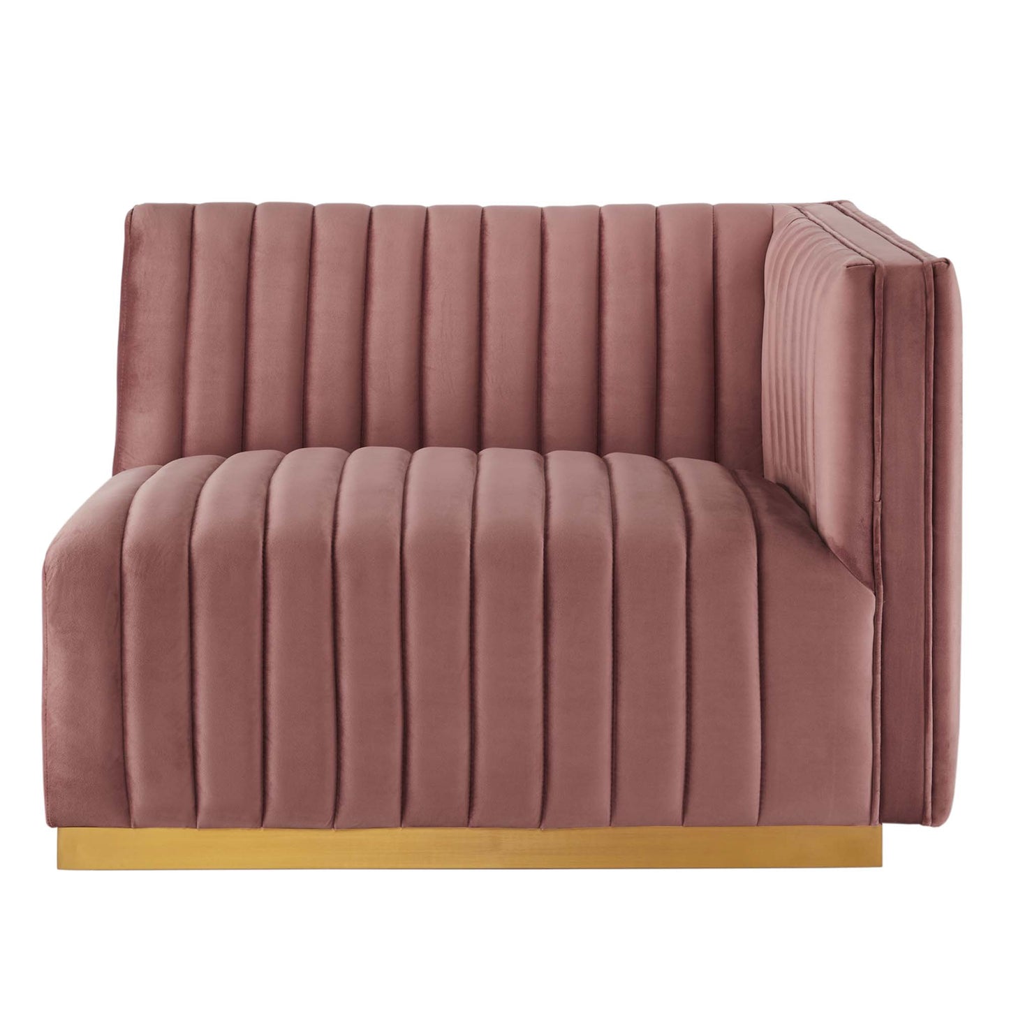 Dusty rose velvet loveseat with vertical channel tufting and a gold base, modern low-profile design.