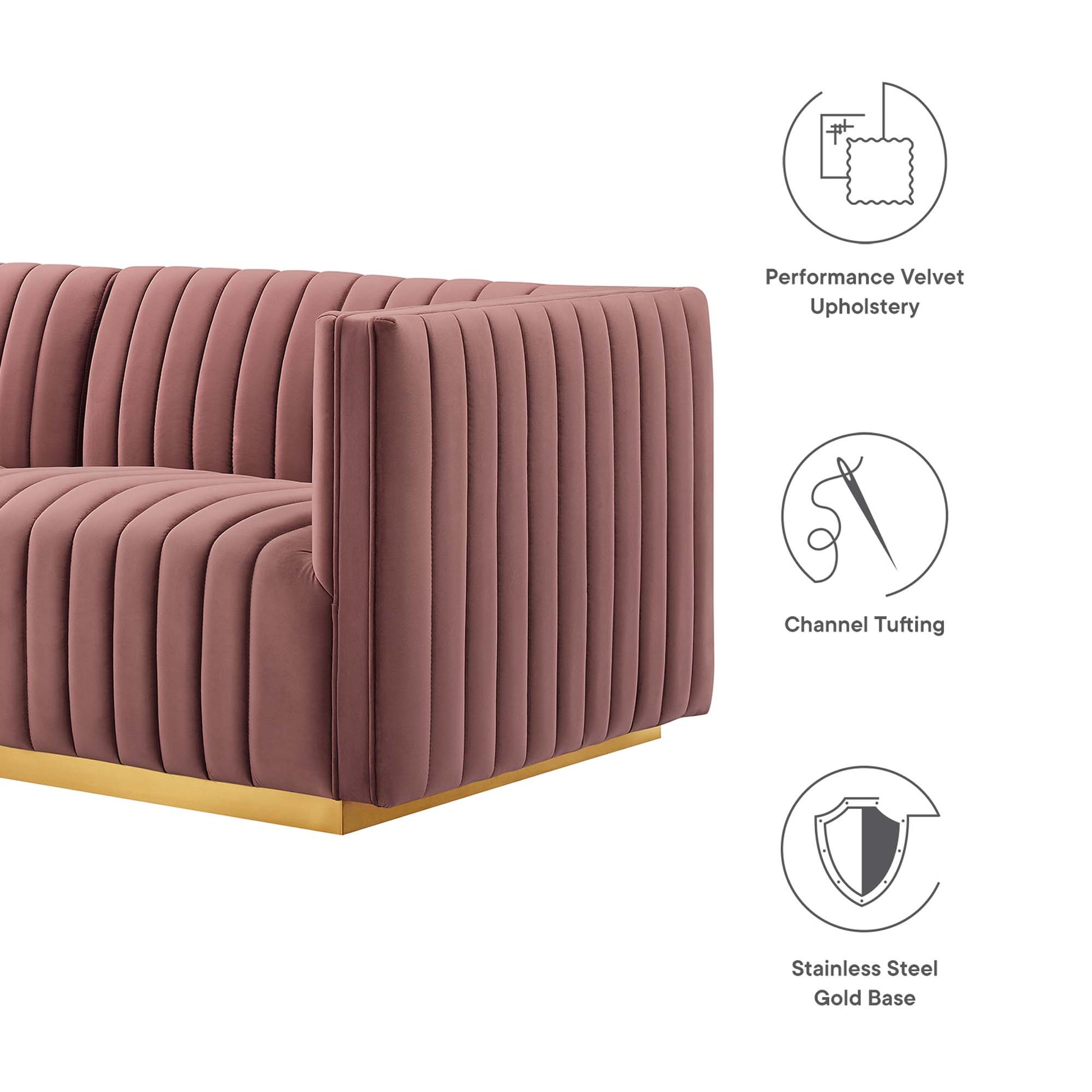 Dusty rose velvet loveseat with vertical channel tufting, square arms, and a gold stainless steel base.