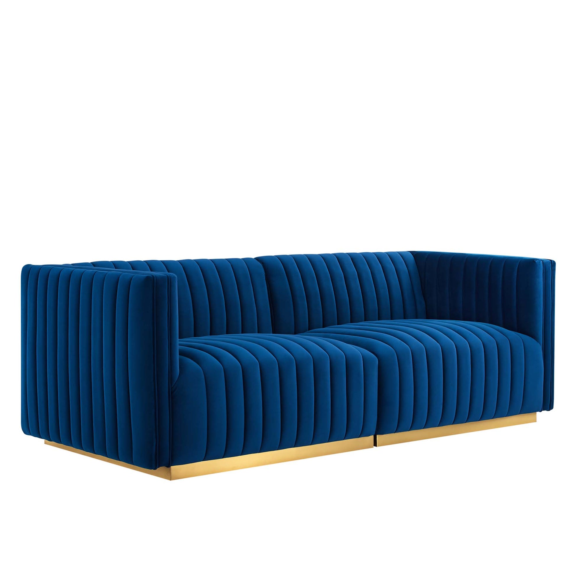 Navy velvet loveseat with vertical channel tufting and a gold metal base.