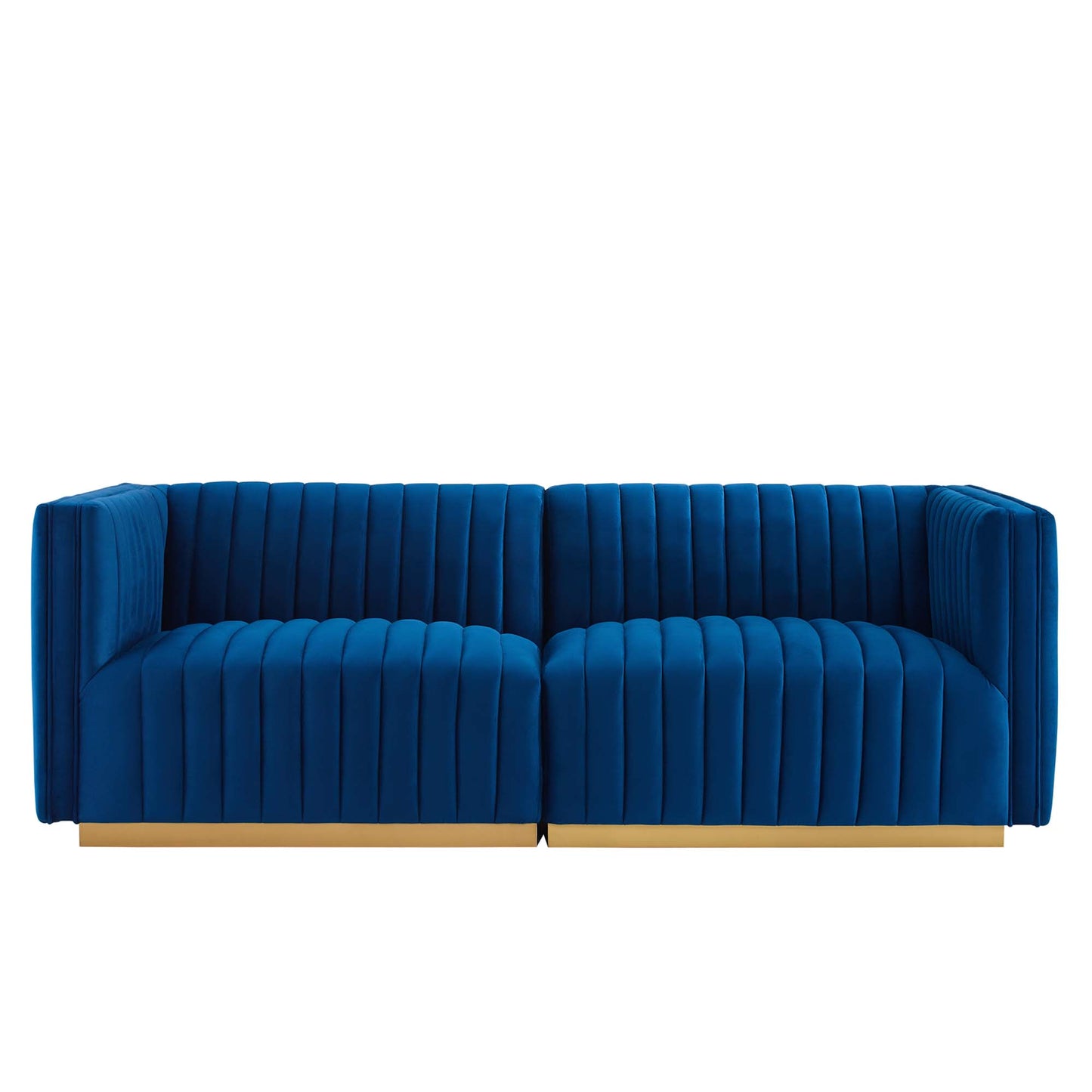 Navy blue velvet loveseat with vertical channel tufting and a gold-tone metal base.