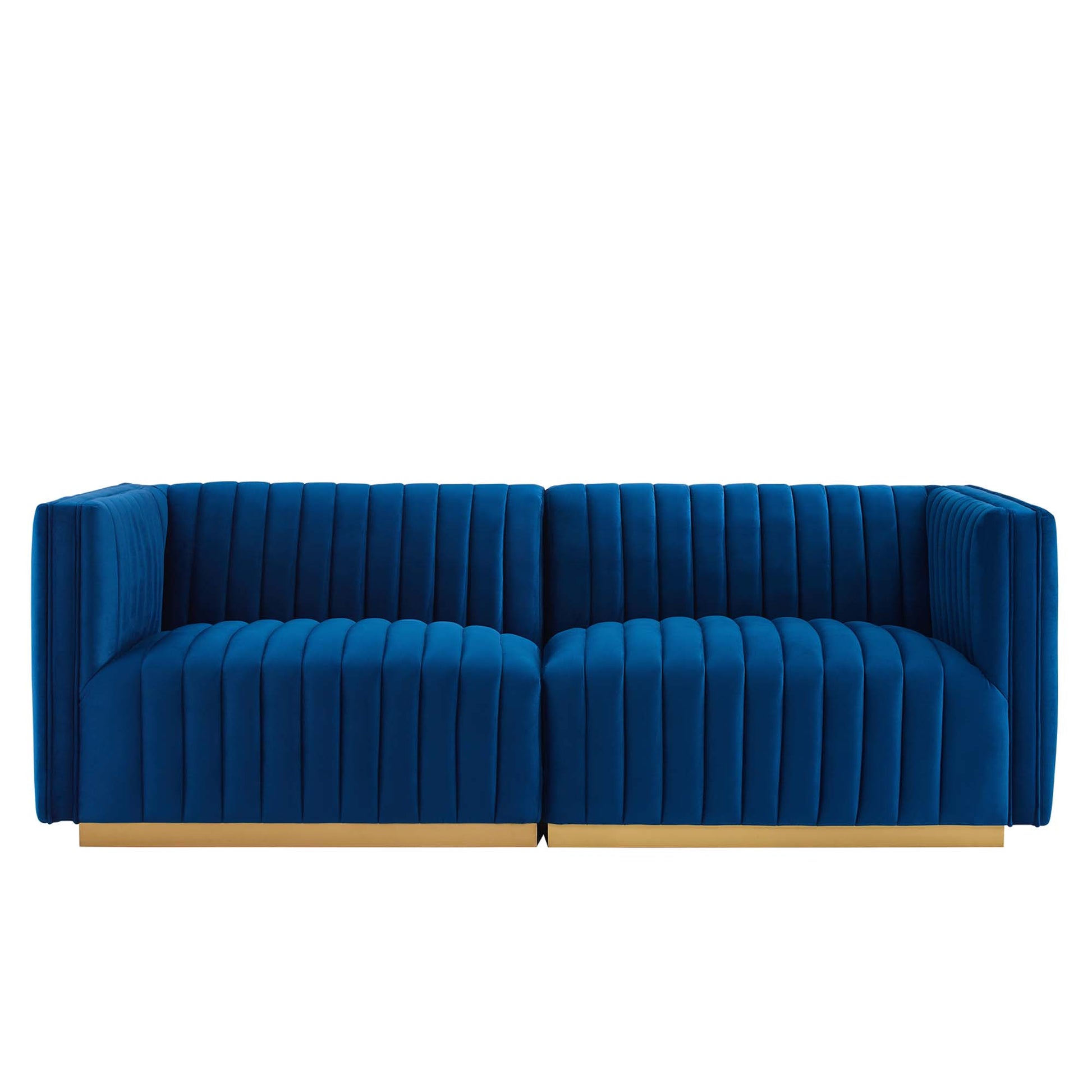 Navy blue velvet loveseat with vertical channel tufting and a gold-tone metal base.