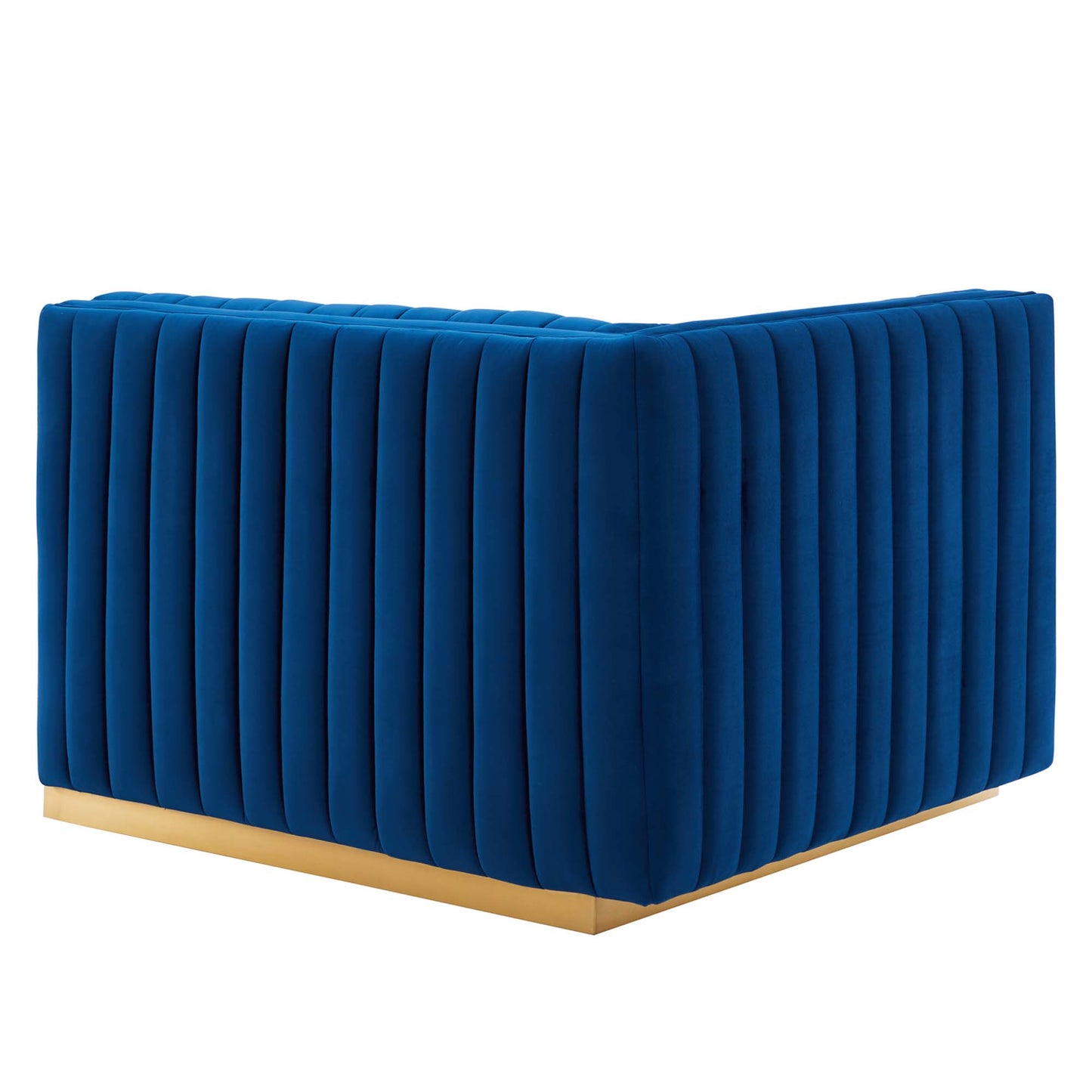 Navy velvet channel-tufted loveseat with a gold metal base.