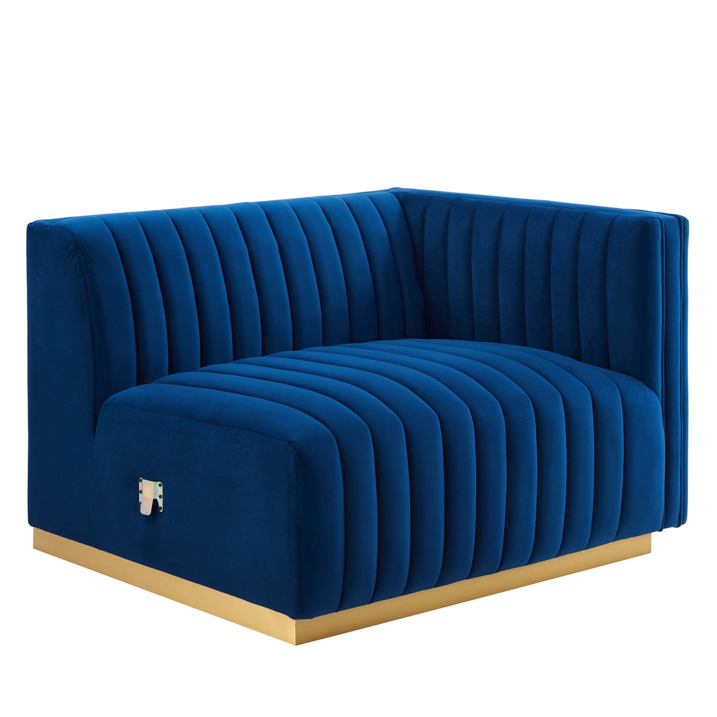 Navy blue velvet curved channel-tufted loveseat with gold metal base.