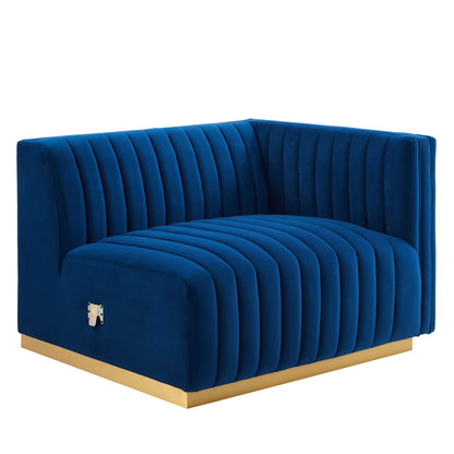 Navy blue velvet curved channel-tufted loveseat with gold metal base.