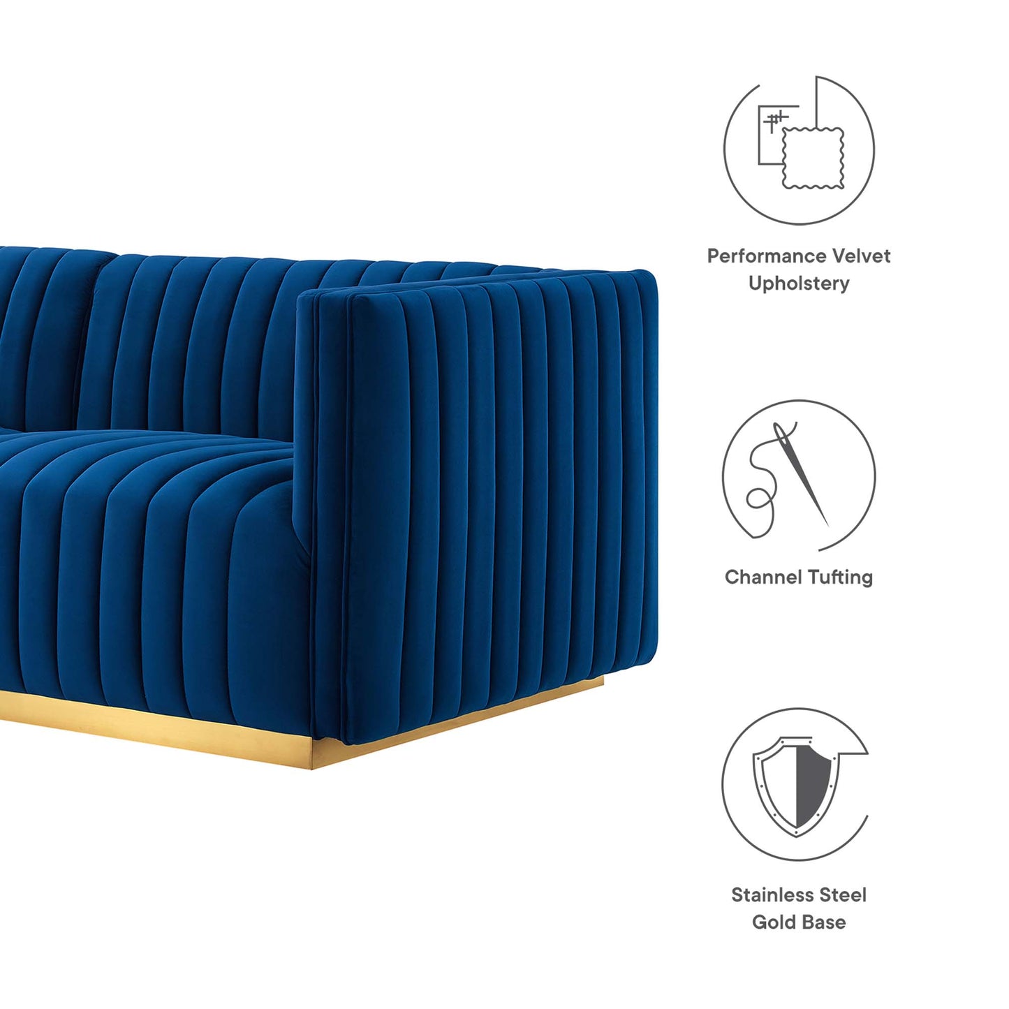 Navy velvet loveseat with deep channel tufting, square arms, and a gold stainless-steel base.