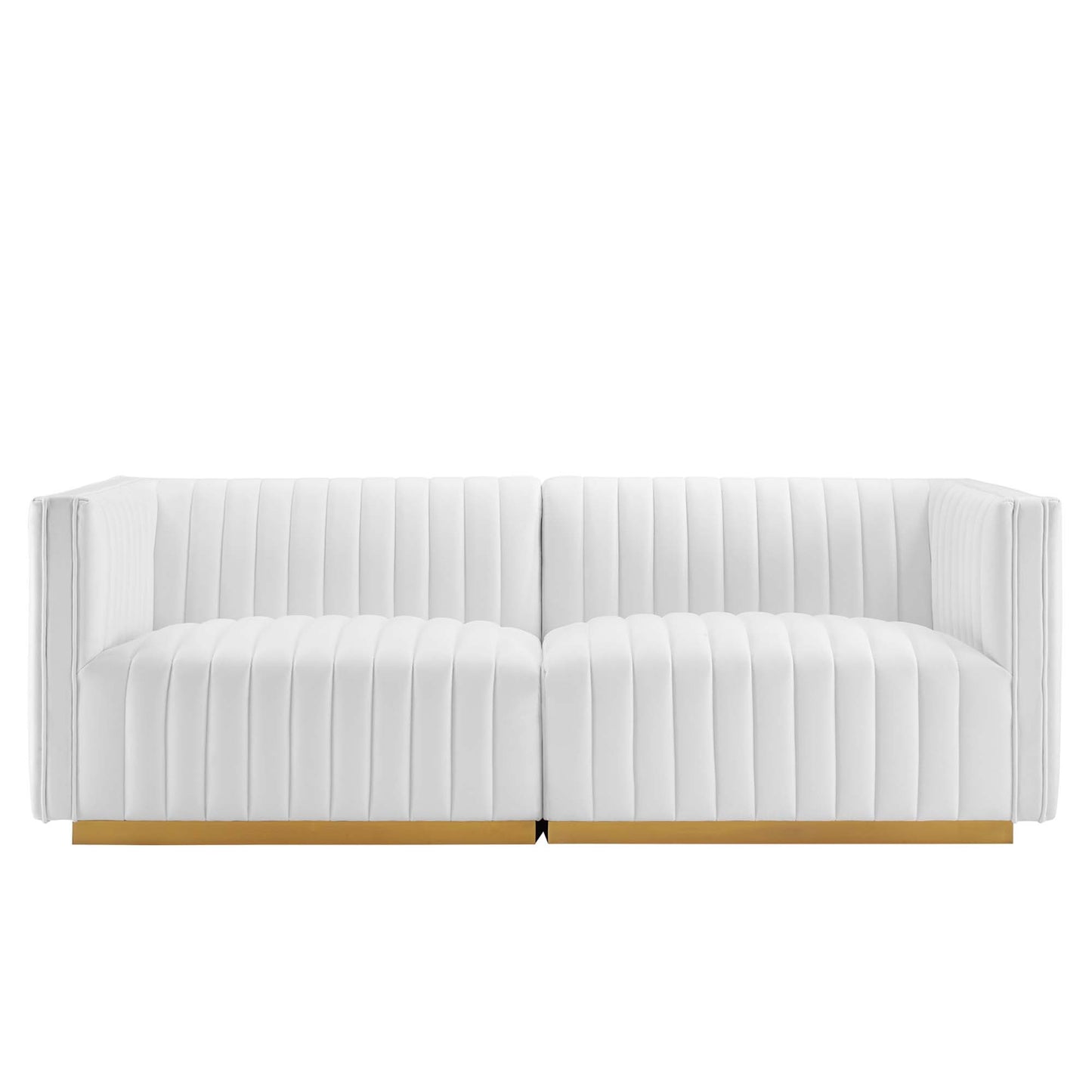 White tufted two-seat loveseat with vertical channel stitching and a gold base rail.