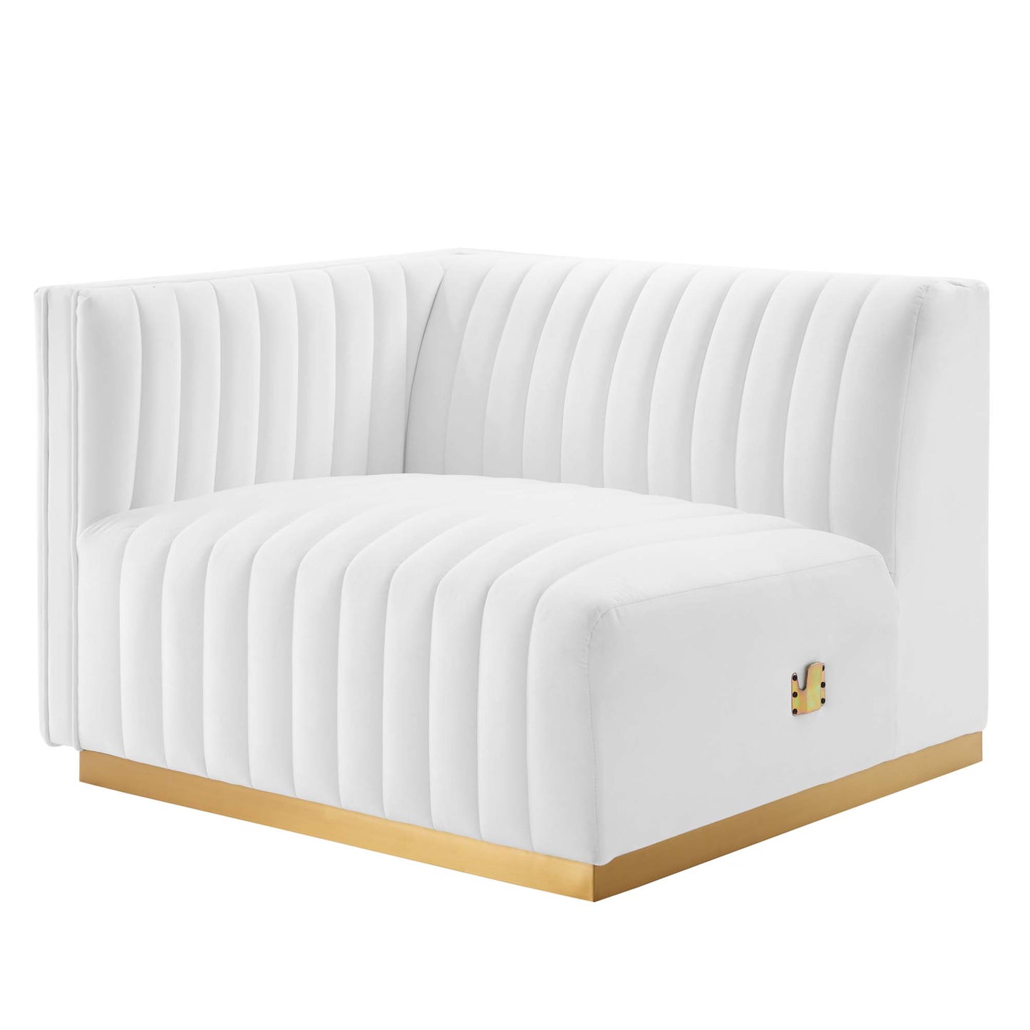 White velvet corner loveseat with vertical channel tufting and a gold metal base trim