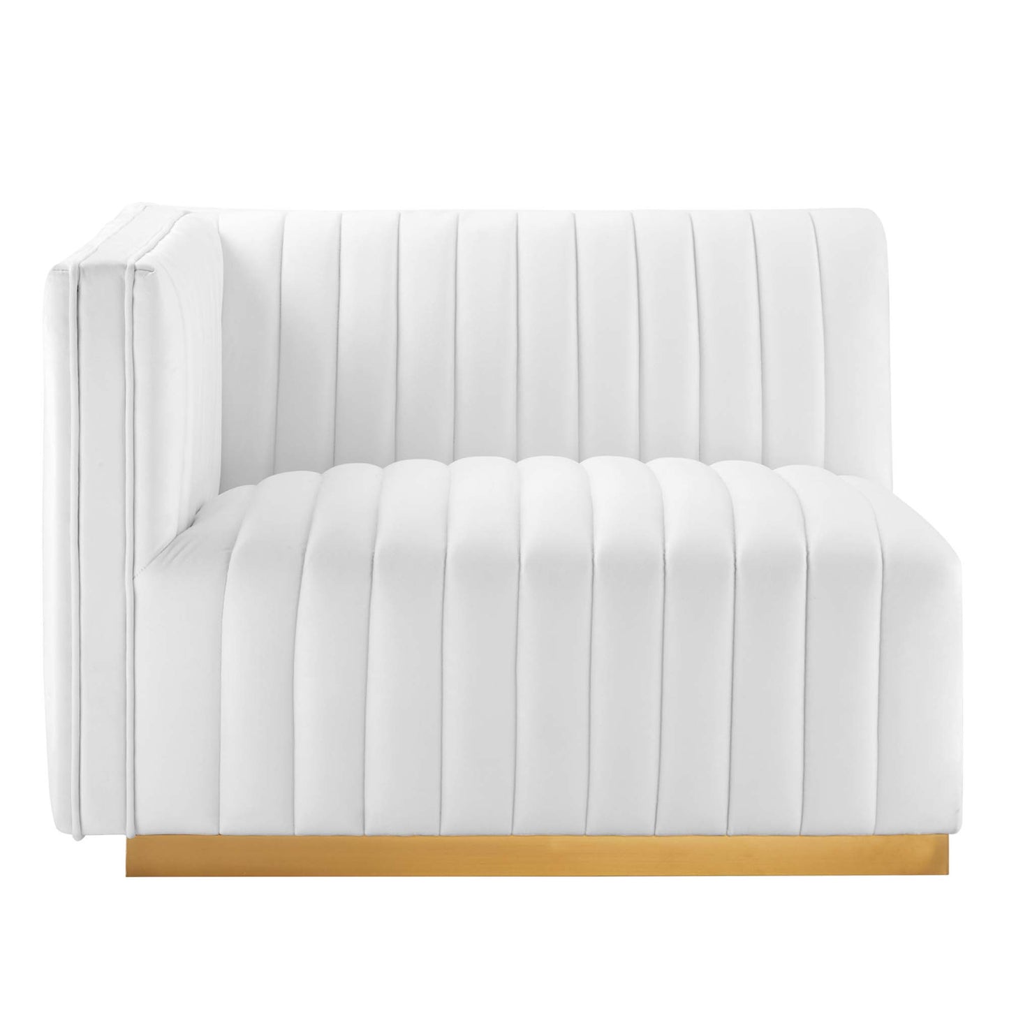 White velvet loveseat with vertical channel tufting and gold platform base.