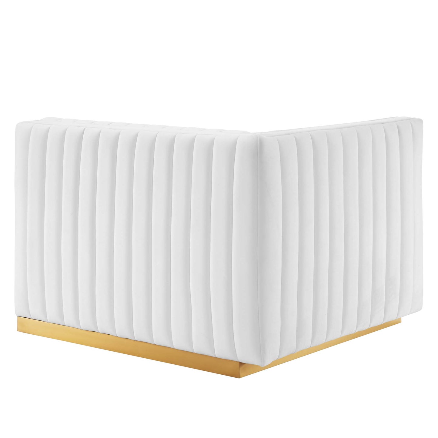 White velvet loveseat with vertical channel tufting and a slim gold base.