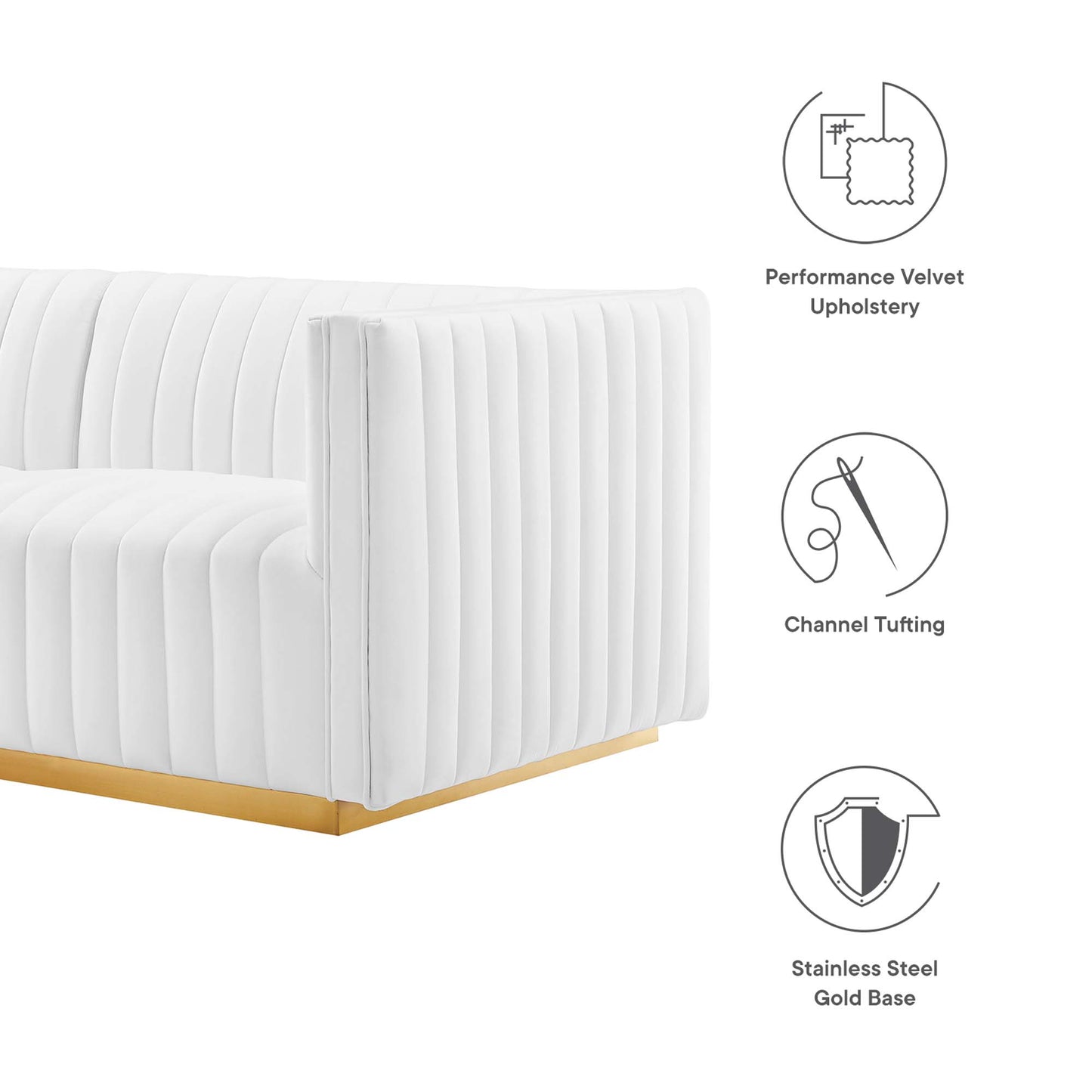 White velvet upholstery loveseat with vertical channel tufting and a gold stainless steel base.