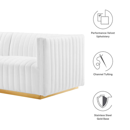 White velvet upholstery loveseat with vertical channel tufting and a gold stainless steel base.