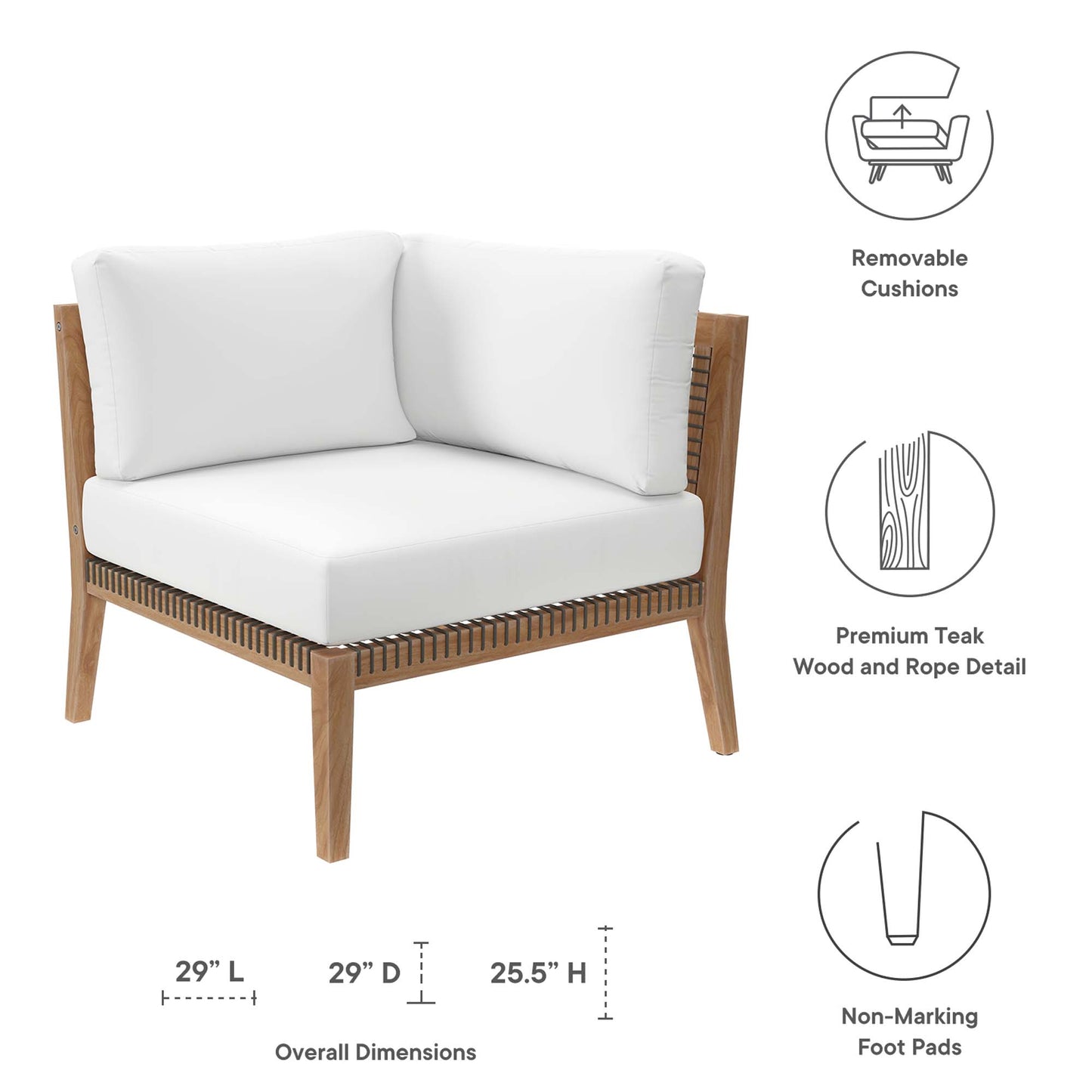 Modway - Clearwater Outdoor Patio Teak Wood Corner Chair by Modway  Outdoor Furniture Sofa Sectionals White - EEI-5855-GRY-WHI