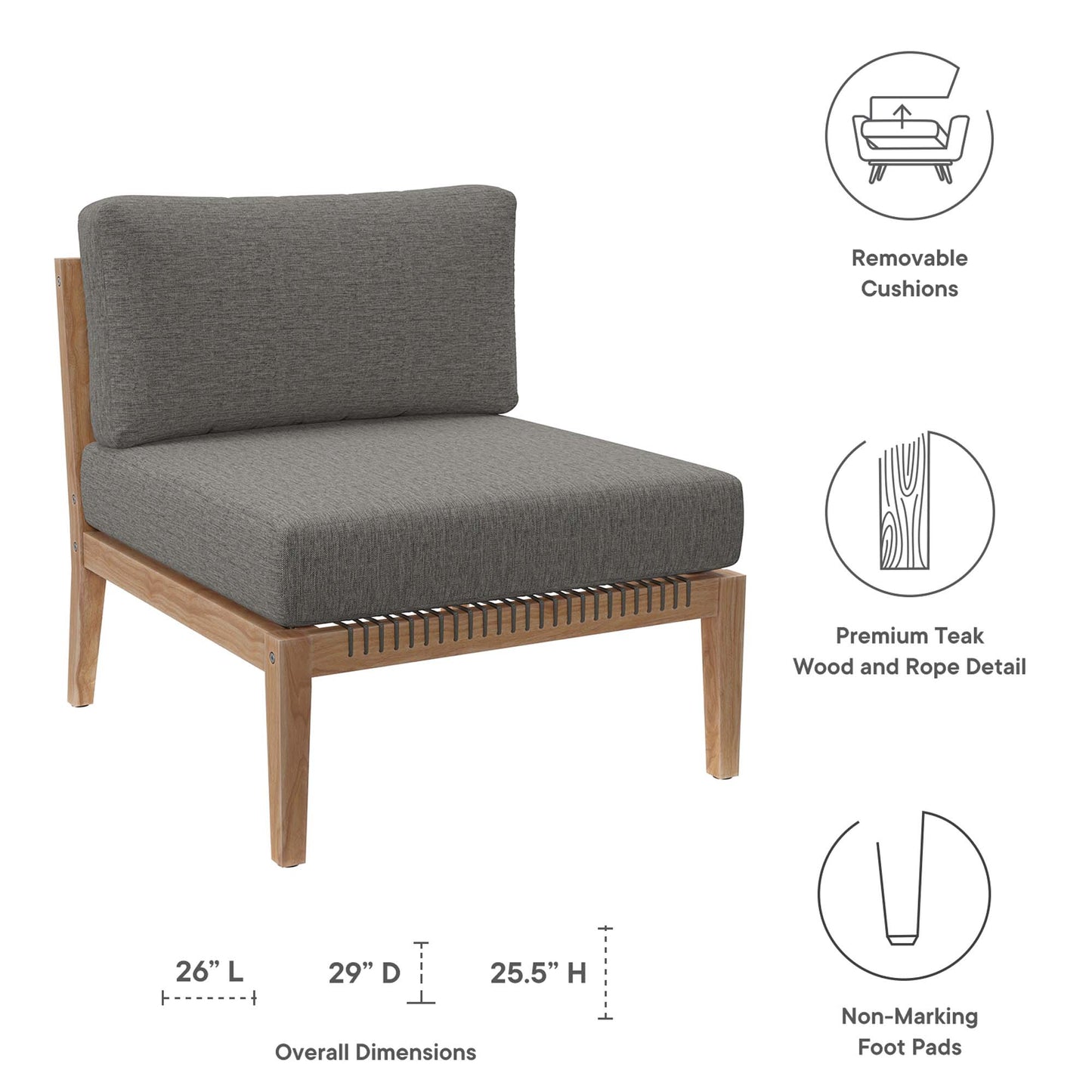 Modway - Clearwater Outdoor Patio Teak Wood Armless Chair by Modway  Outdoor Furniture Sofa Sectionals Gray - EEI-5856-GRY-GPH