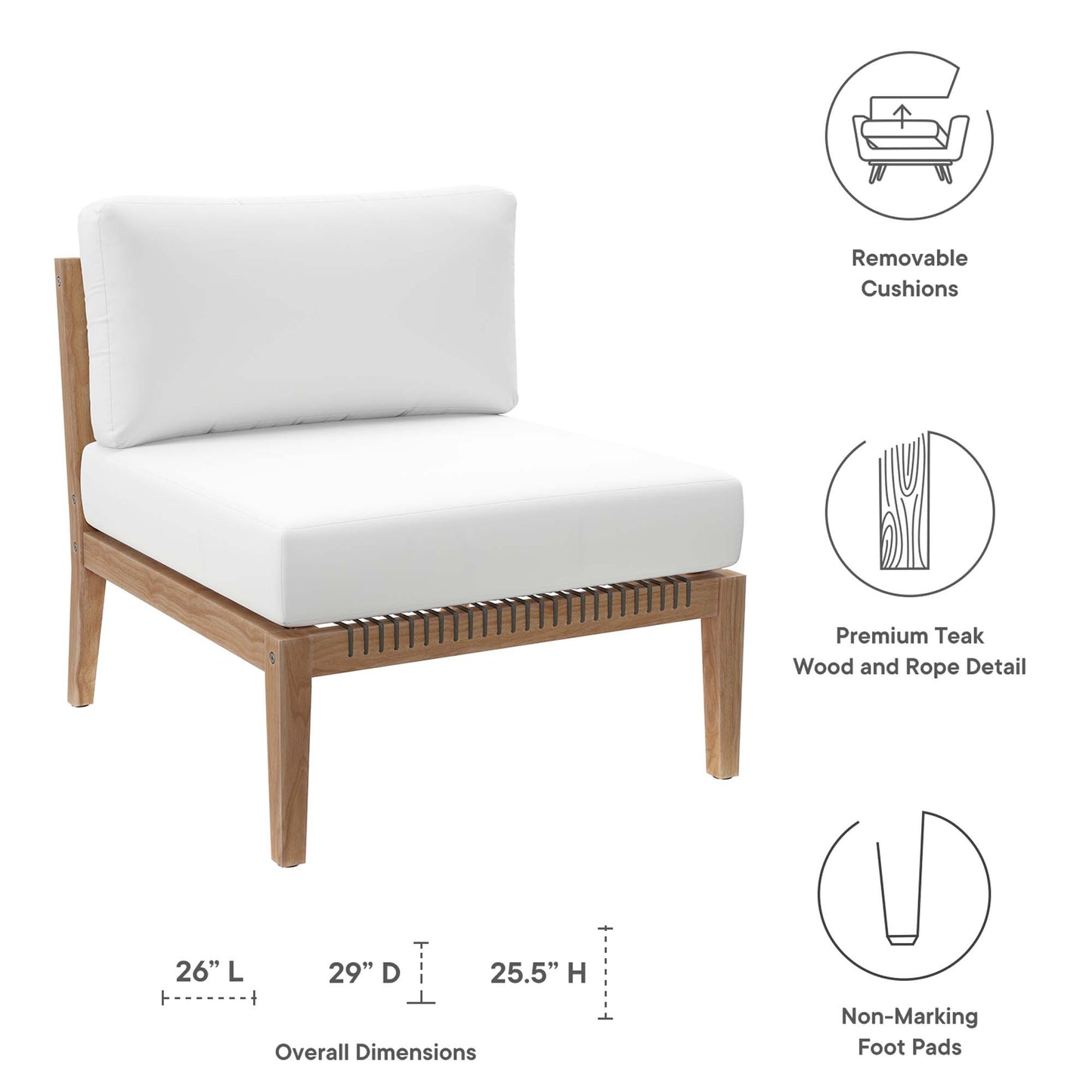 Modway - Clearwater Outdoor Patio Teak Wood Armless Chair by Modway  Outdoor Furniture Sofa Sectionals White - EEI-5856-GRY-WHI