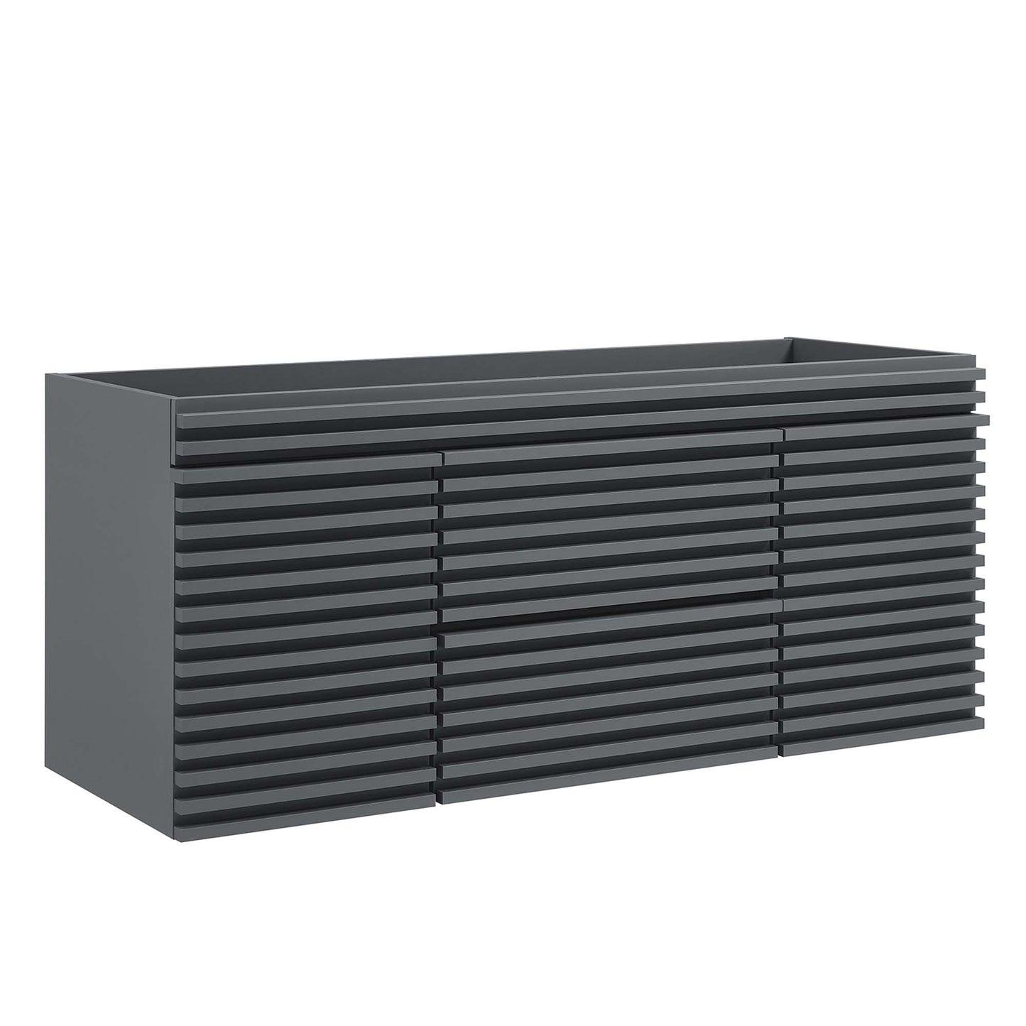 Gray bathroom vanity cabinet with a low-profile design and horizontal slatted fronts.