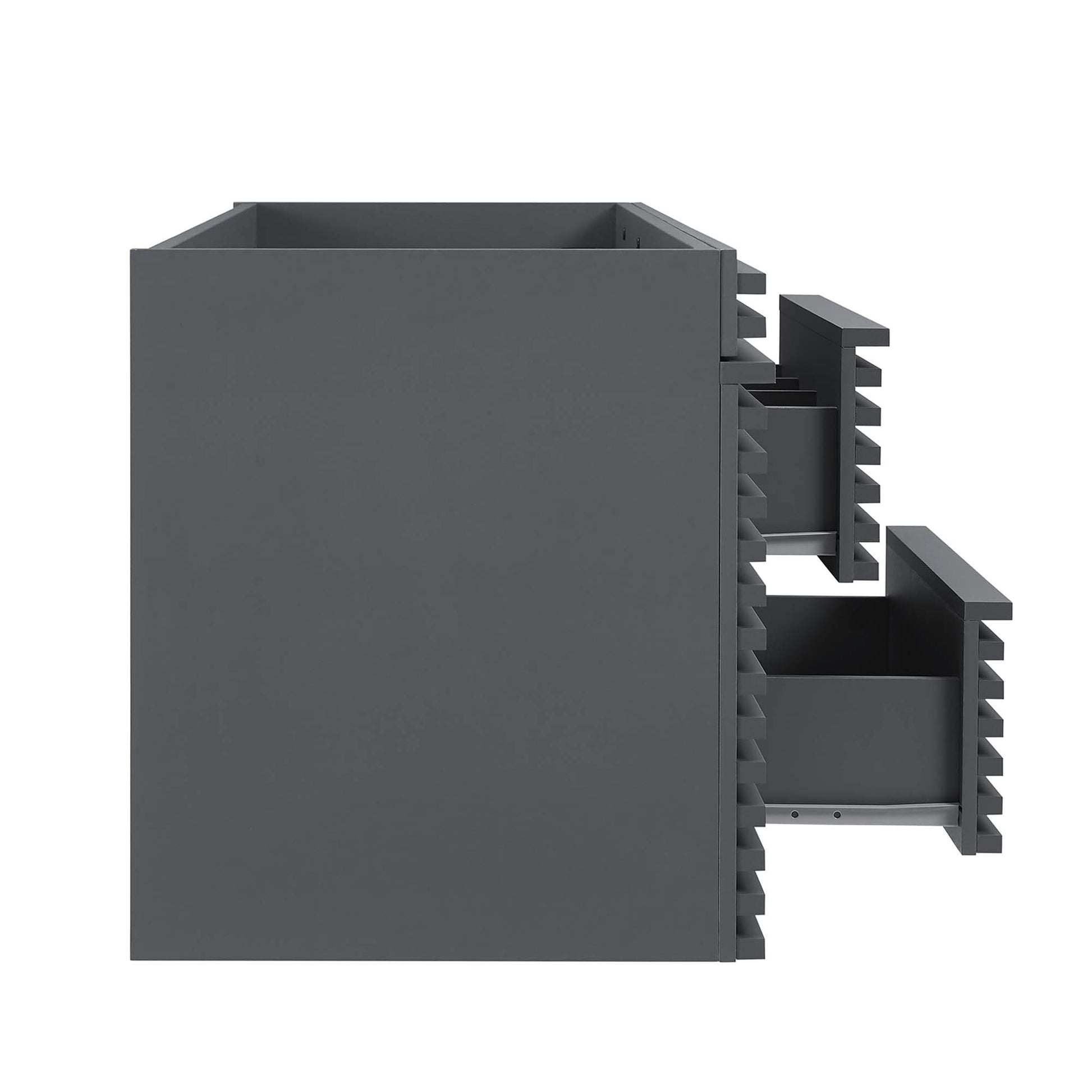 Gray bathroom vanity cabinet with open top and two side-mounted sliding drawers, each with serrated rack teeth for mounting.