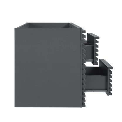 Gray bathroom vanity cabinet with open top and two side-mounted sliding drawers, each with serrated rack teeth for mounting.