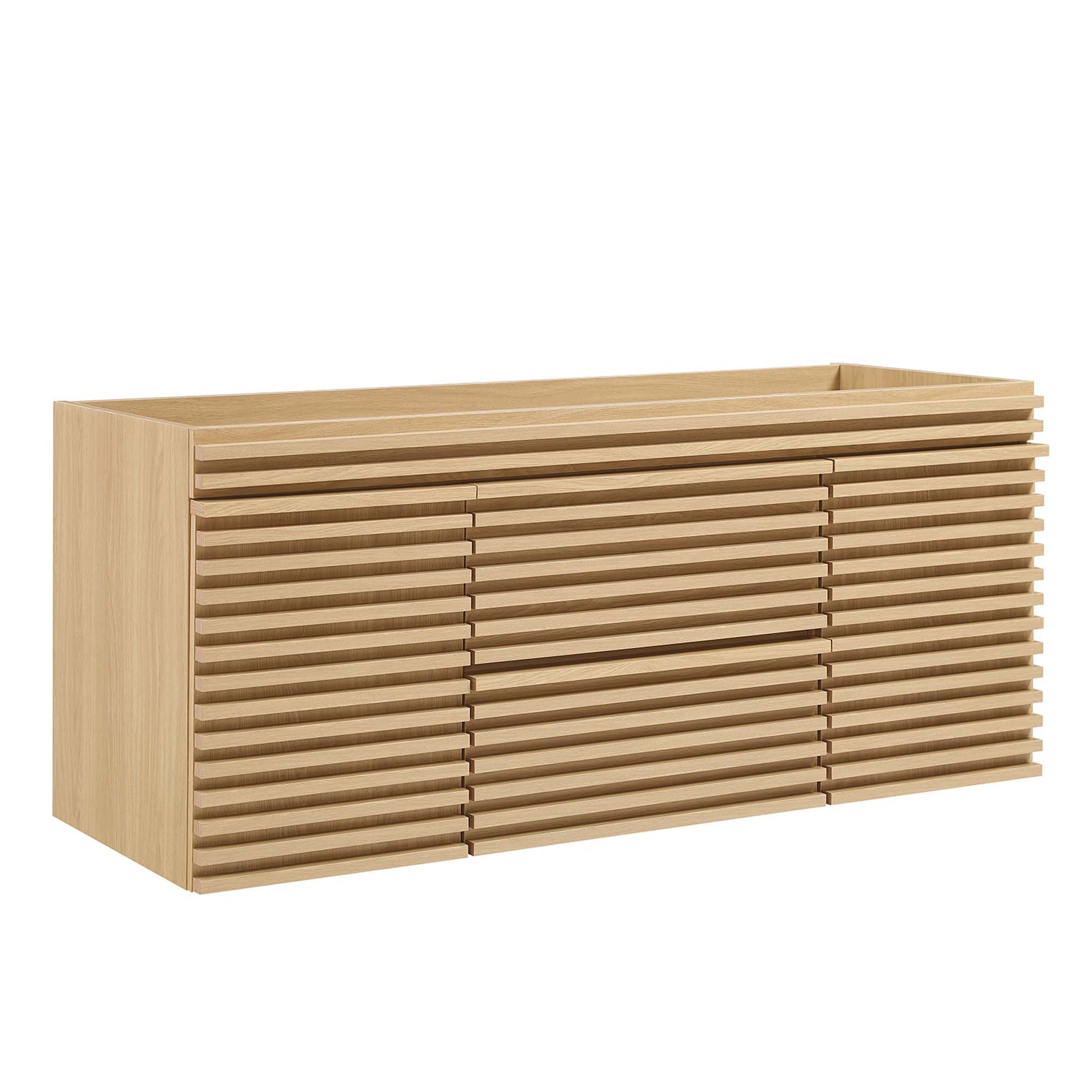 Oak finish bathroom vanity cabinet, rectangular silhouette, single-sink compatible (not included)