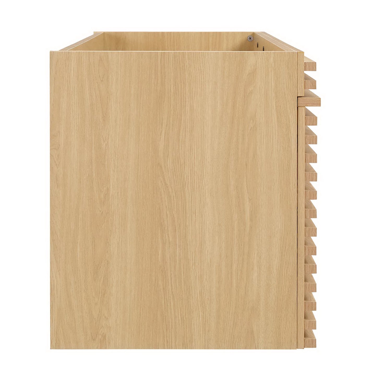 Light oak bathroom vanity cabinet (48 inches wide) with space for a single sink; sink not included.