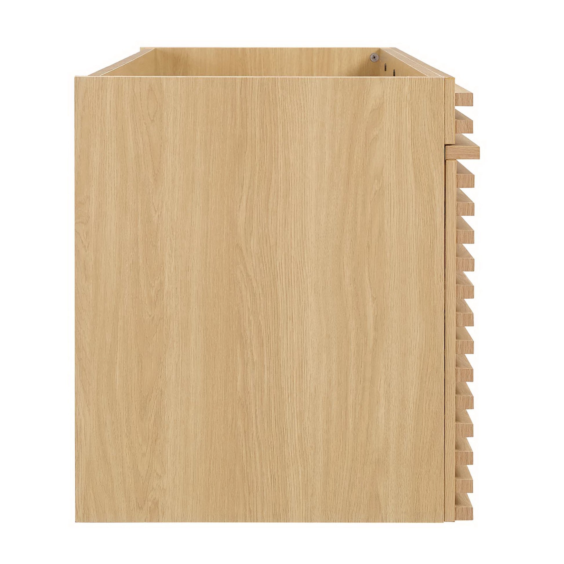 Light oak bathroom vanity cabinet (48 inches wide) with space for a single sink; sink not included.
