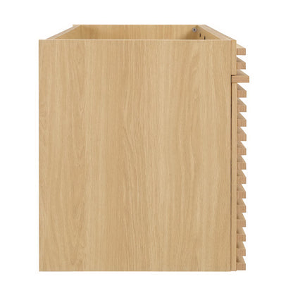 Light oak bathroom vanity cabinet (48 inches wide) with space for a single sink; sink not included.