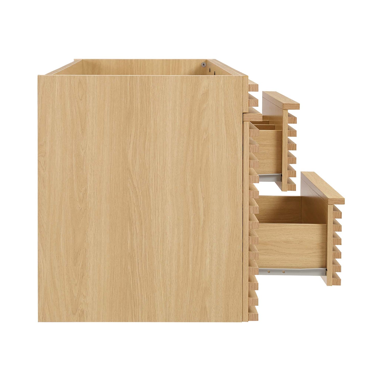 Oak wood storage cube with open top and two side pull-out drawers with slotted organizers.