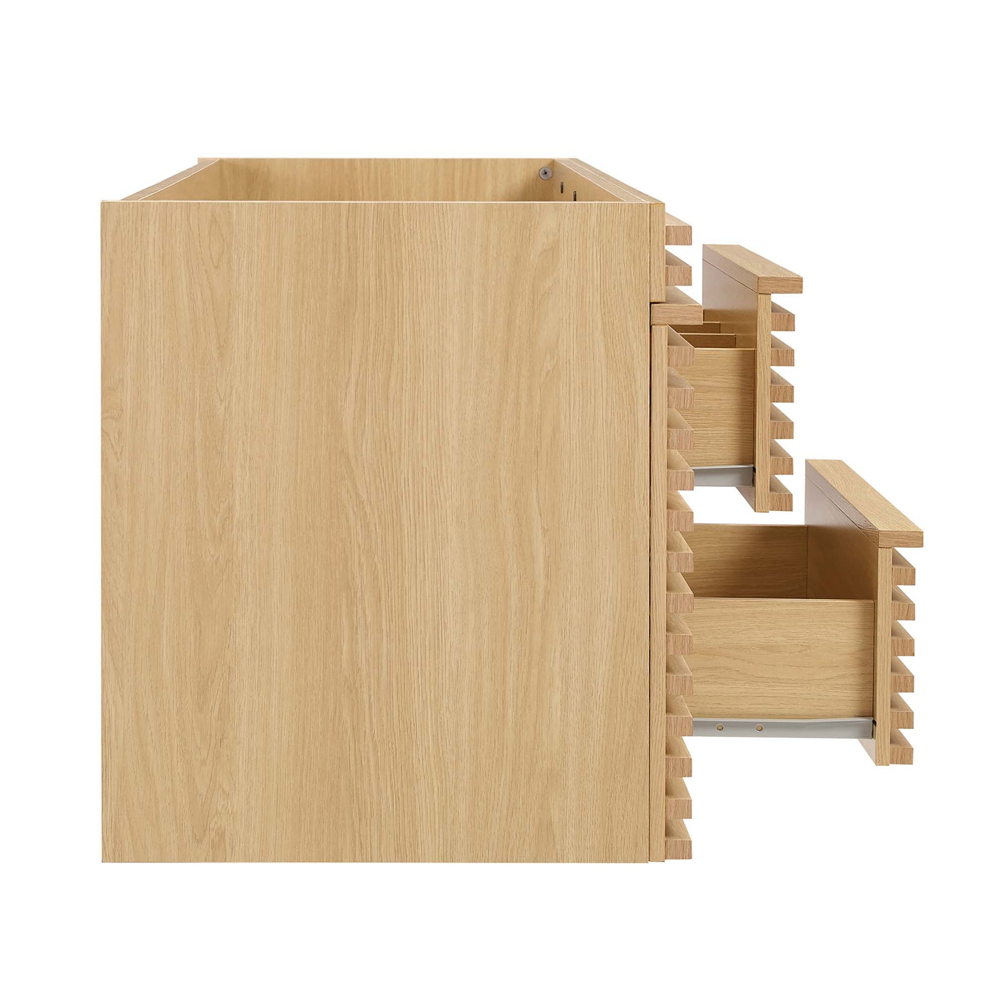 Oak wood storage cube with open top and two side pull-out drawers with slotted organizers.