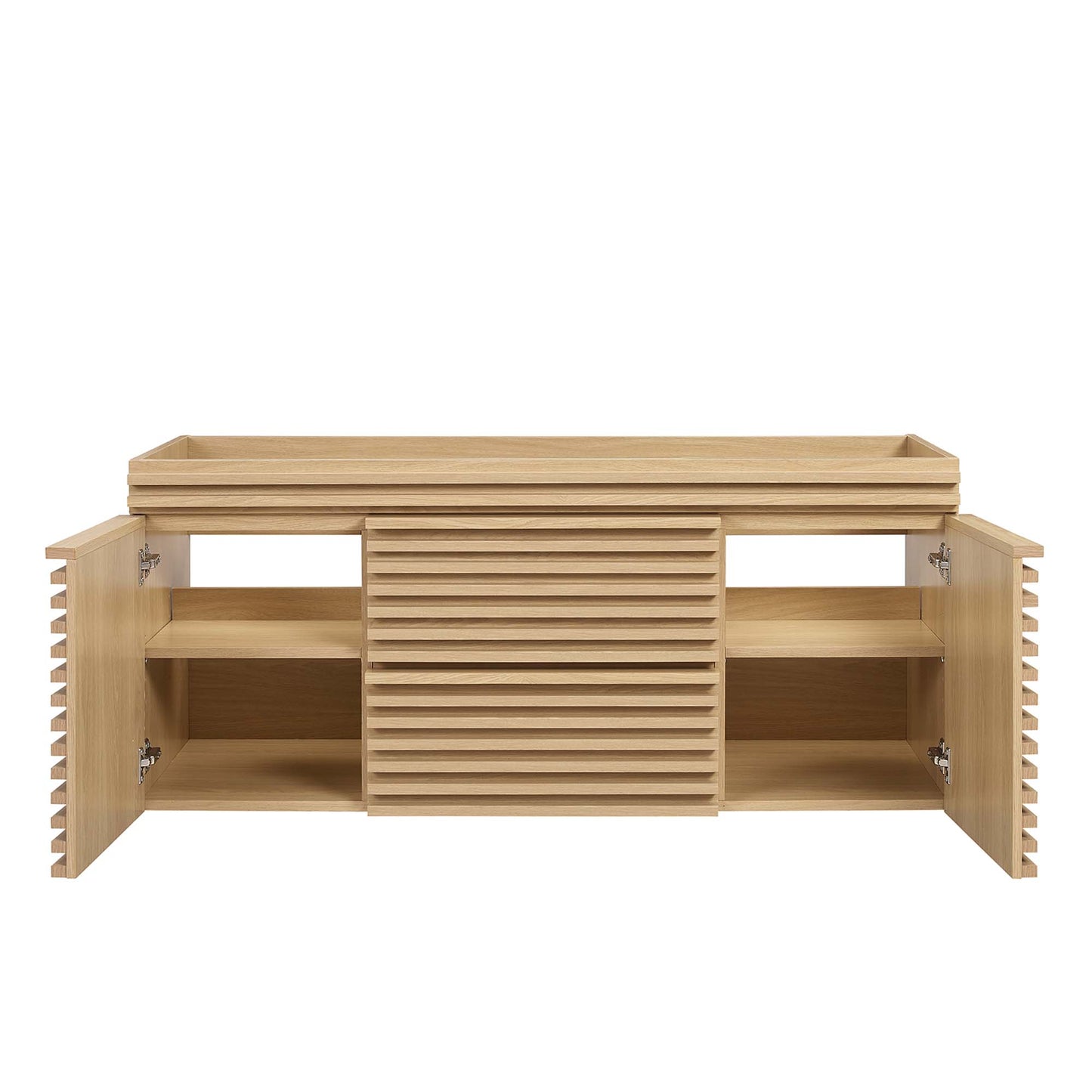 Oak wood bathroom vanity cabinet with central ribbed slats and two side cabinets with interior shelves.